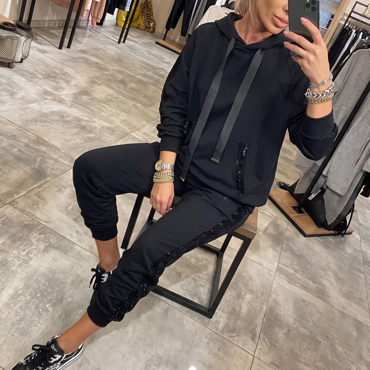 Phoebe - Women's Oversized Drawstring Hoodie and Jogger Set with Sparkle Stripe Trim - Outfit Sets - Black - Davies & Cooper