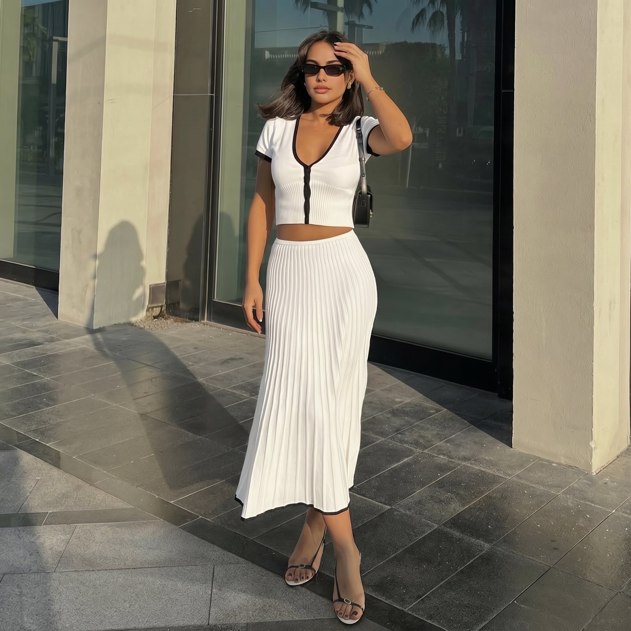Phoebe - Women's Pleated Midi Skirt Crop Top Co - Ord Set - Set - White - Davies & Cooper