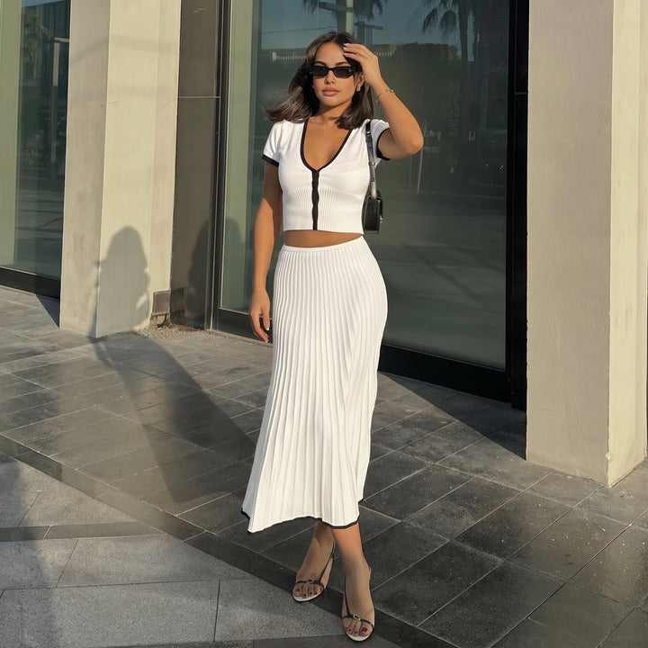 Phoebe - Women's Pleated Midi Skirt Crop Top Co - Ord Set - Set - White - Davies & Cooper