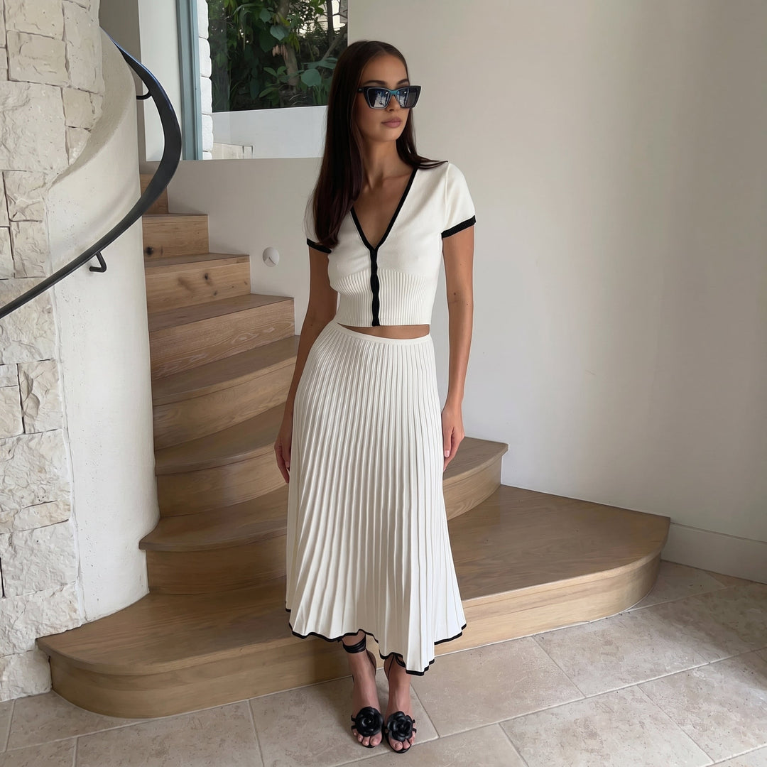 Phoebe - Women's Pleated Midi Skirt Crop Top Co - Ord Set - Set - White - Davies & Cooper