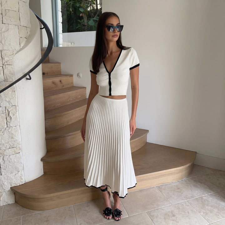 Phoebe - Women's Pleated Midi Skirt Crop Top Co - Ord Set - Set - White - Davies & Cooper