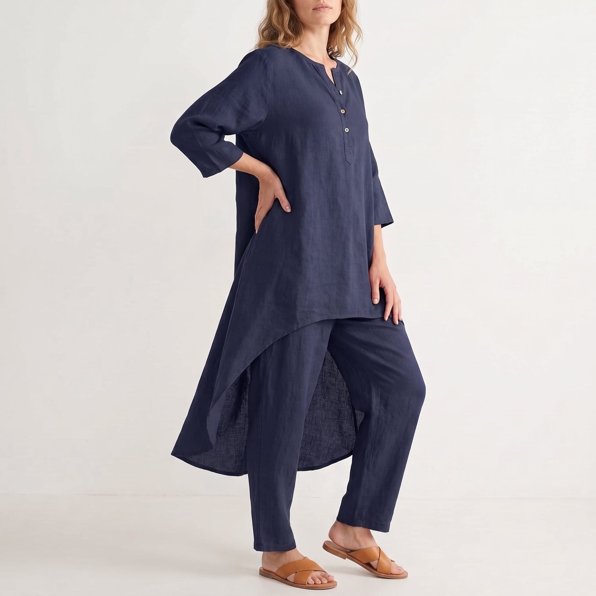 Phoebe - Women's Relaxed Two-Piece Tunic and Trouser Set - Sets - Navy Blue - Davies & Cooper
