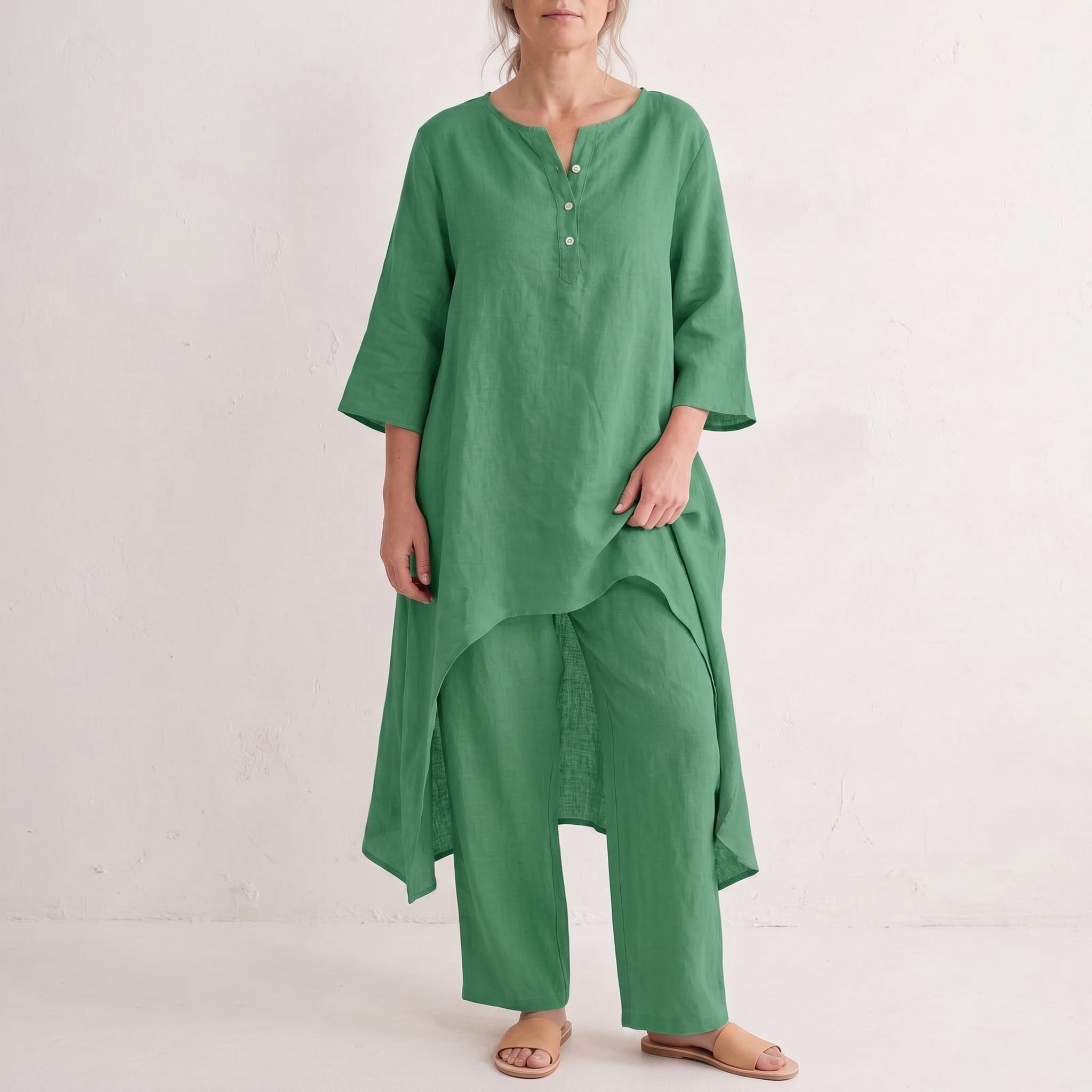 Phoebe - Women's Relaxed Two-Piece Tunic and Trouser Set - Sets - Green - Davies & Cooper