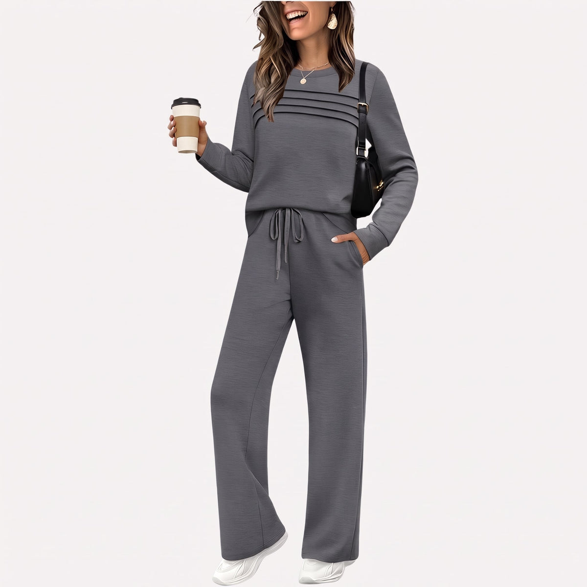 Phoebe – Women’s Ribbed Mock Neck Wide-Leg Lounge Set - Loungewear Sets - Grey - Davies & Cooper