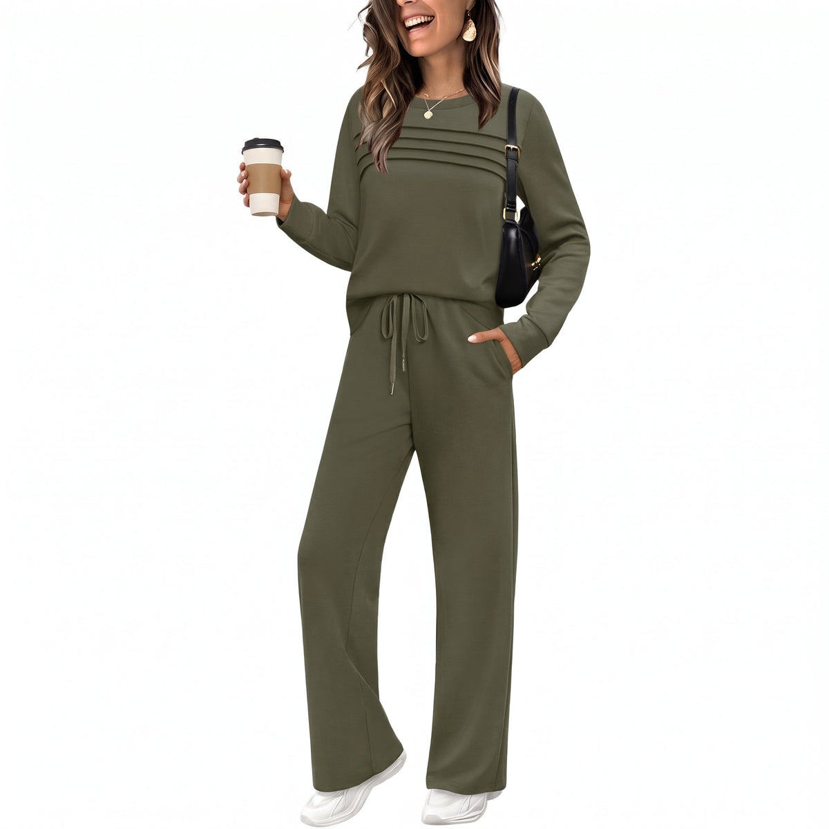 Phoebe – Women’s Ribbed Mock Neck Wide-Leg Lounge Set - Loungewear Sets - Green - Davies & Cooper