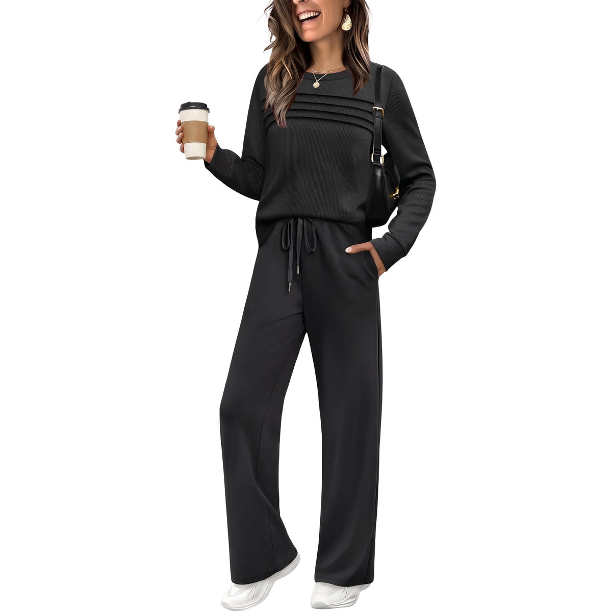 Phoebe – Women’s Ribbed Mock Neck Wide-Leg Lounge Set - Loungewear Sets - Black - Davies & Cooper