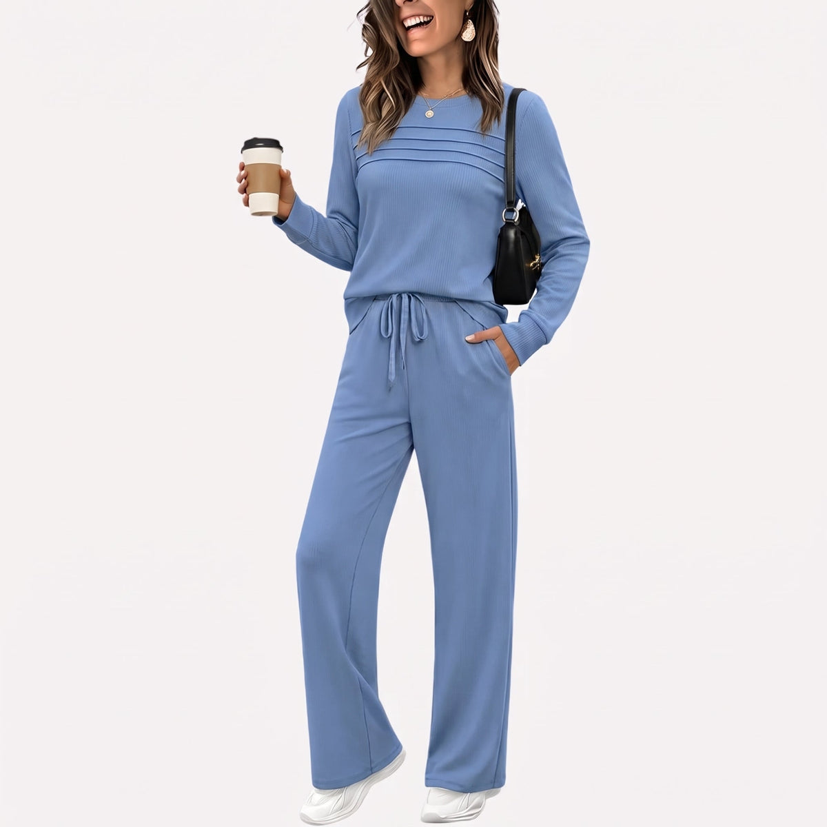 Phoebe – Women’s Ribbed Mock Neck Wide-Leg Lounge Set - Loungewear Sets - Blue - Davies & Cooper