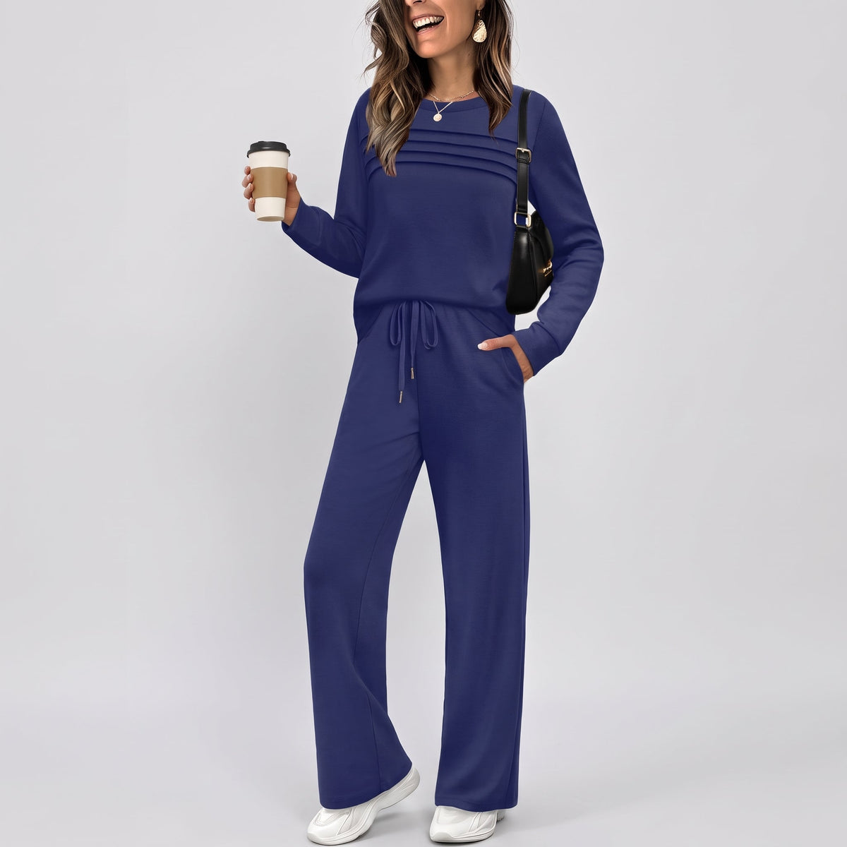 Phoebe – Women’s Ribbed Mock Neck Wide-Leg Lounge Set - Loungewear Sets - Navy Blue - Davies & Cooper