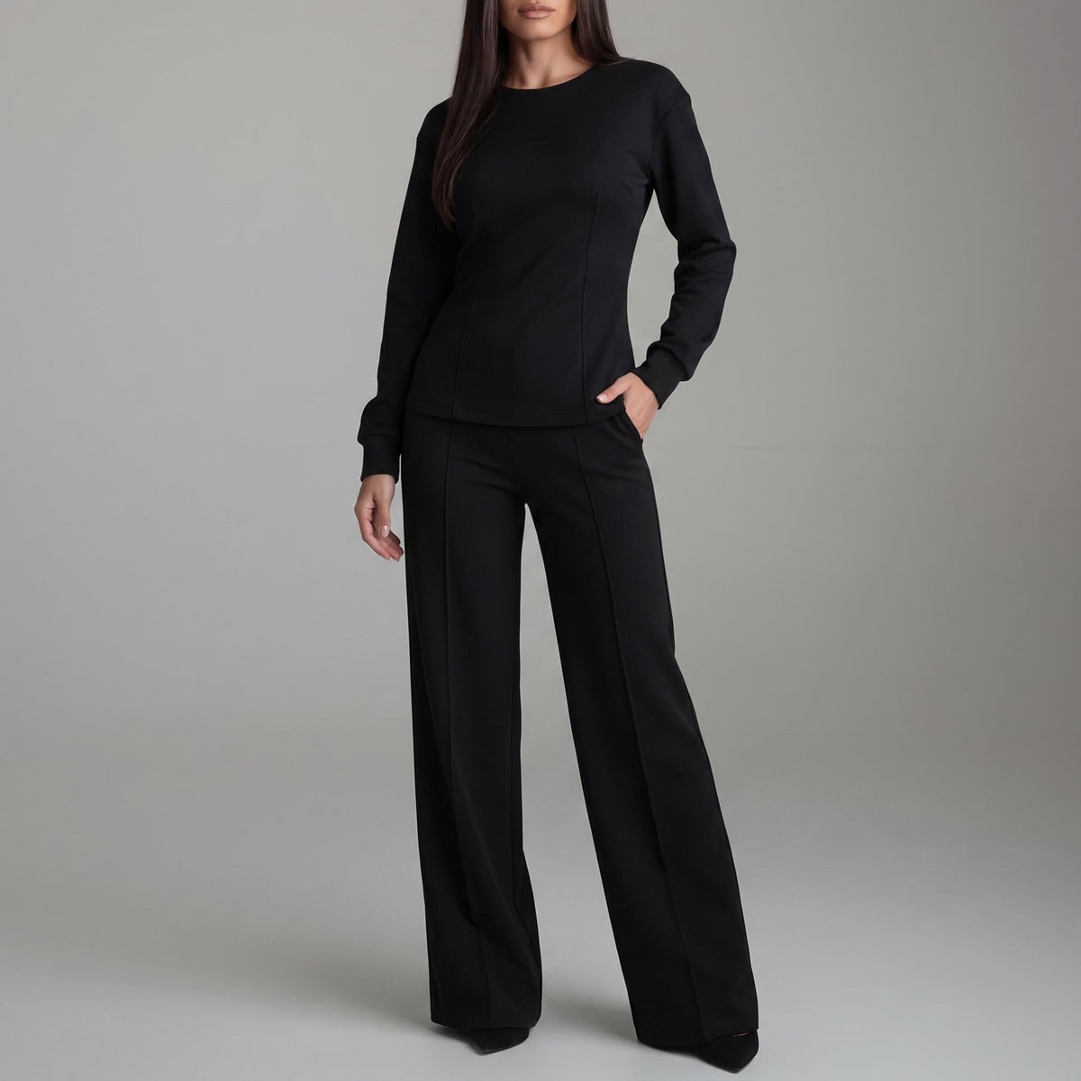 Phoebe - Women's Round Neck Long Sleeve Wide-Leg Trouser Set - Outfit Sets - Black - Davies & Cooper