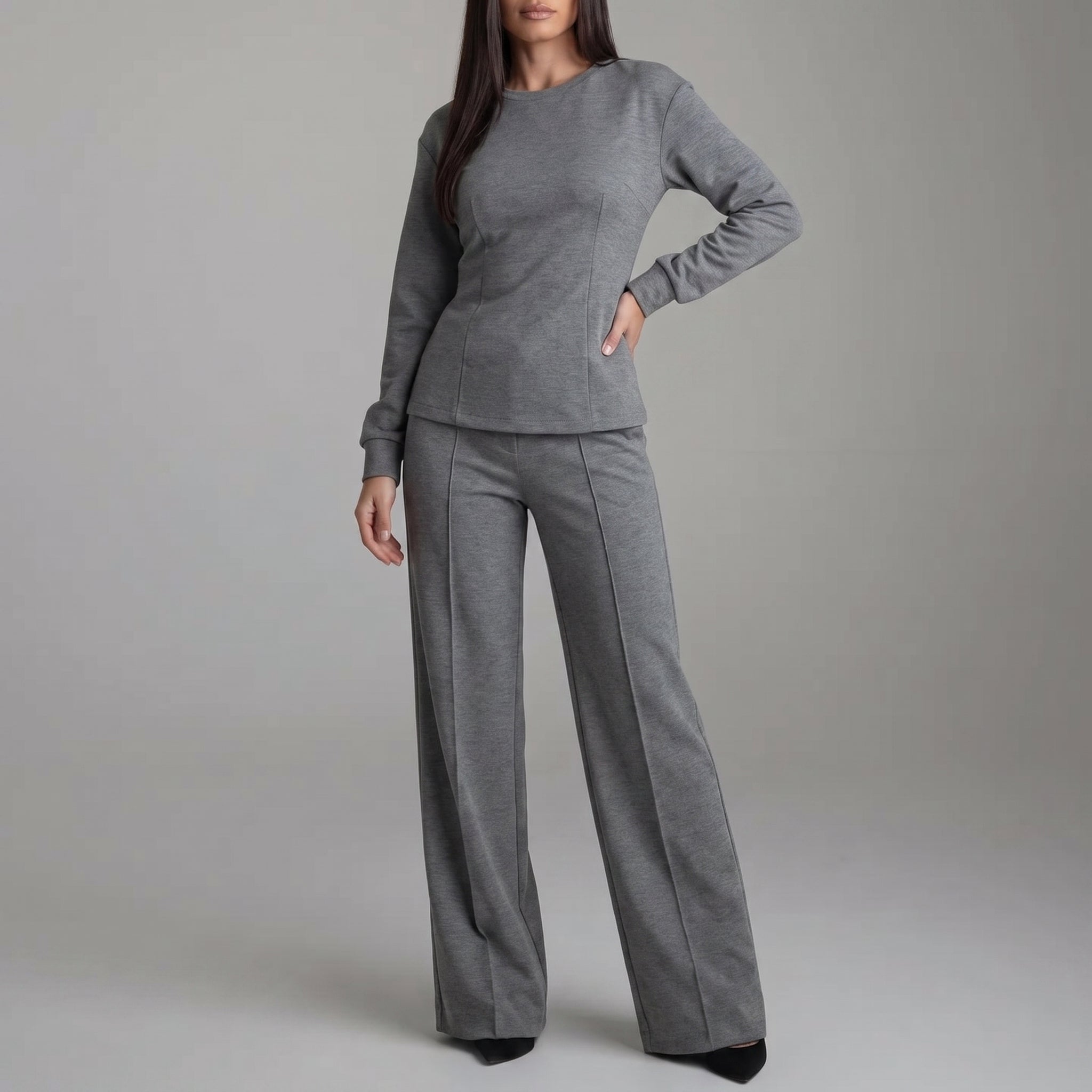 Phoebe - Women's Round Neck Long Sleeve Wide-Leg Trouser Set - Outfit Sets - Grey - Davies & Cooper