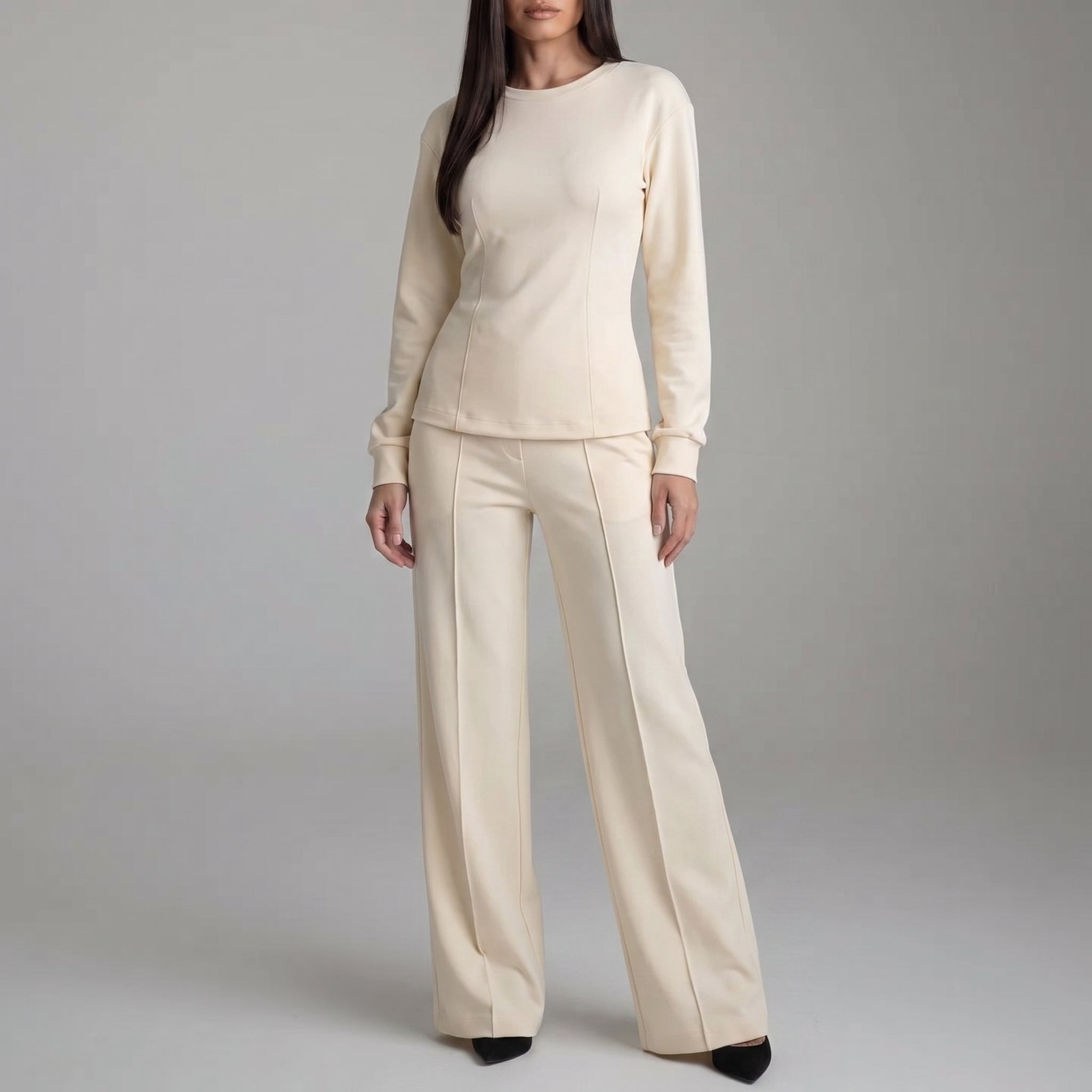 Phoebe - Women's Round Neck Long Sleeve Wide-Leg Trouser Set - Outfit Sets - Cream - Davies & Cooper
