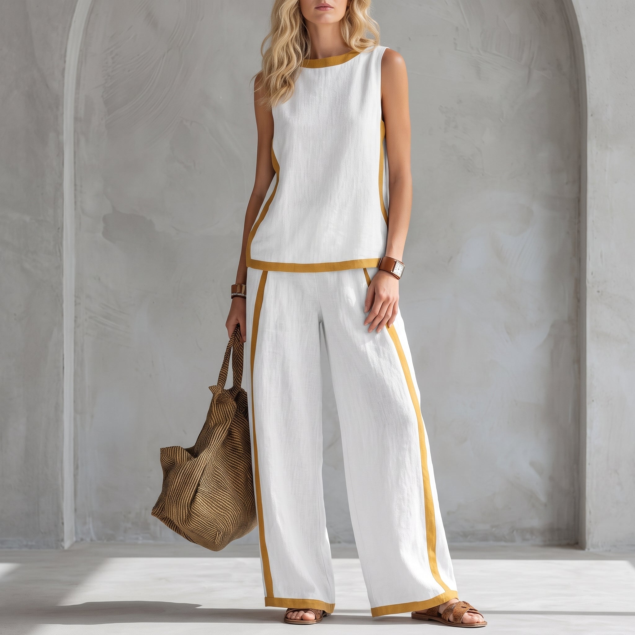 Phoebe - Women's Sleeveless Contrast Trim Wide-Leg Co-ord Set - 2 Piece Set - White - Davies & Cooper