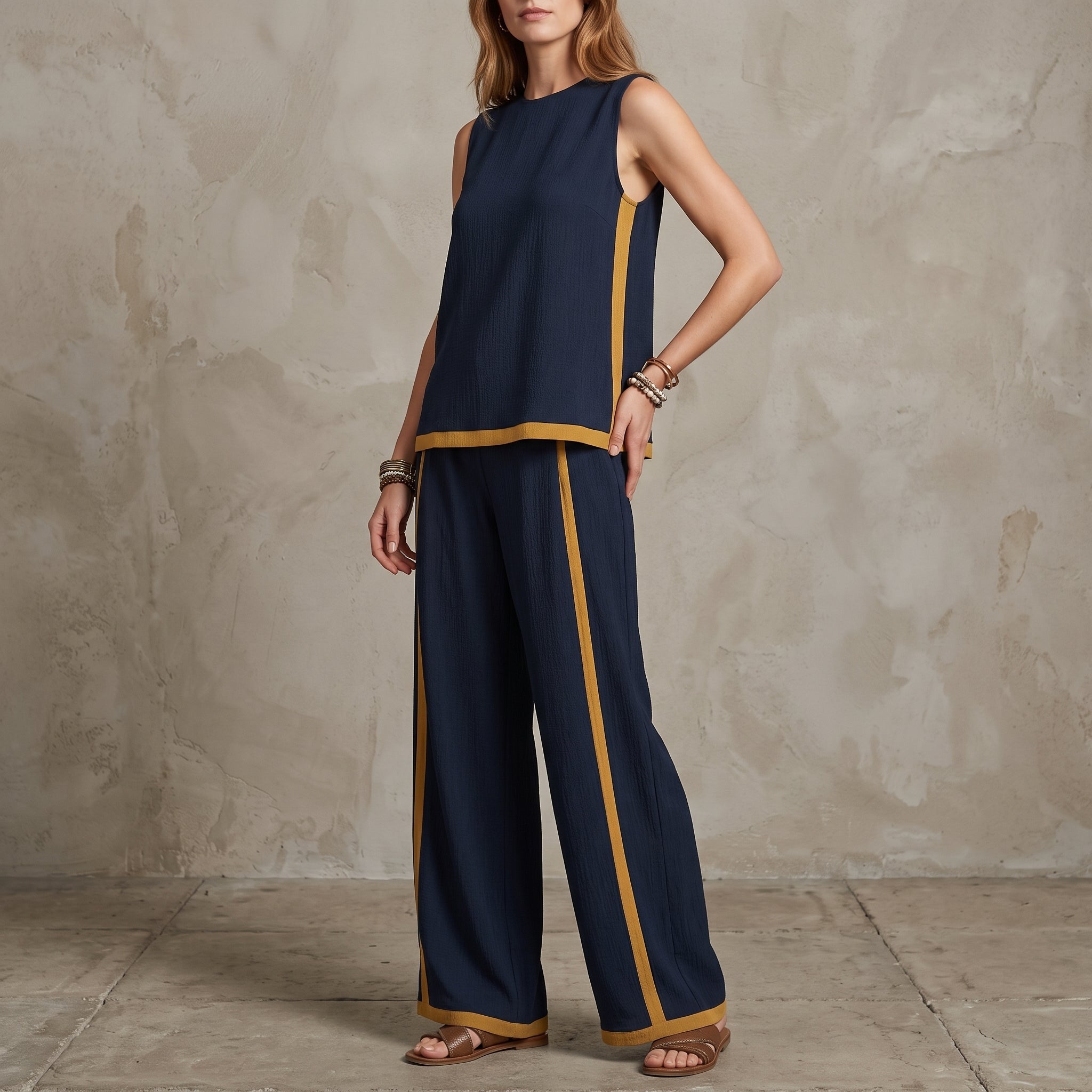 Phoebe - Women's Sleeveless Contrast Trim Wide-Leg Co-ord Set - 2 Piece Set - Navy Blue - Davies & Cooper