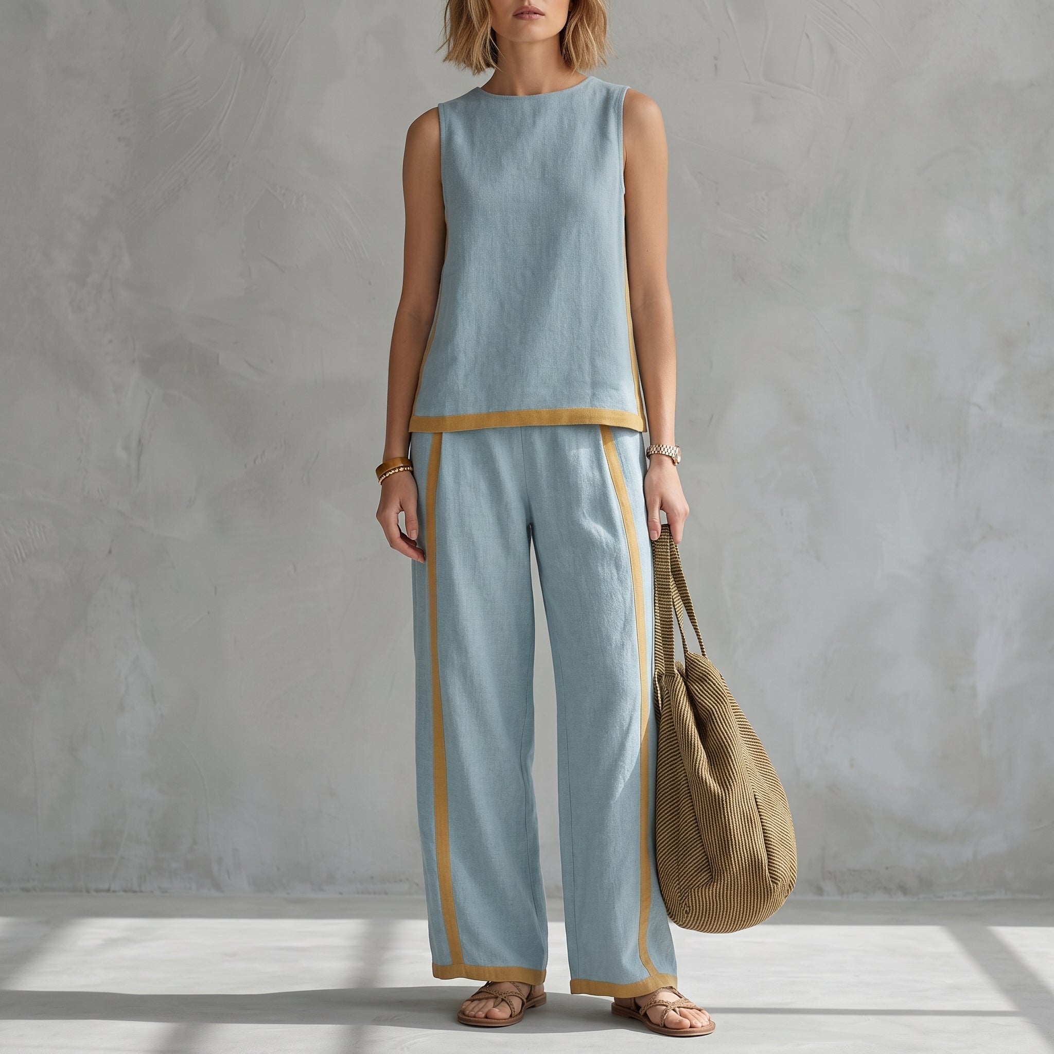 Phoebe - Women's Sleeveless Contrast Trim Wide-Leg Co-ord Set - 2 Piece Set - Blue - Davies & Cooper