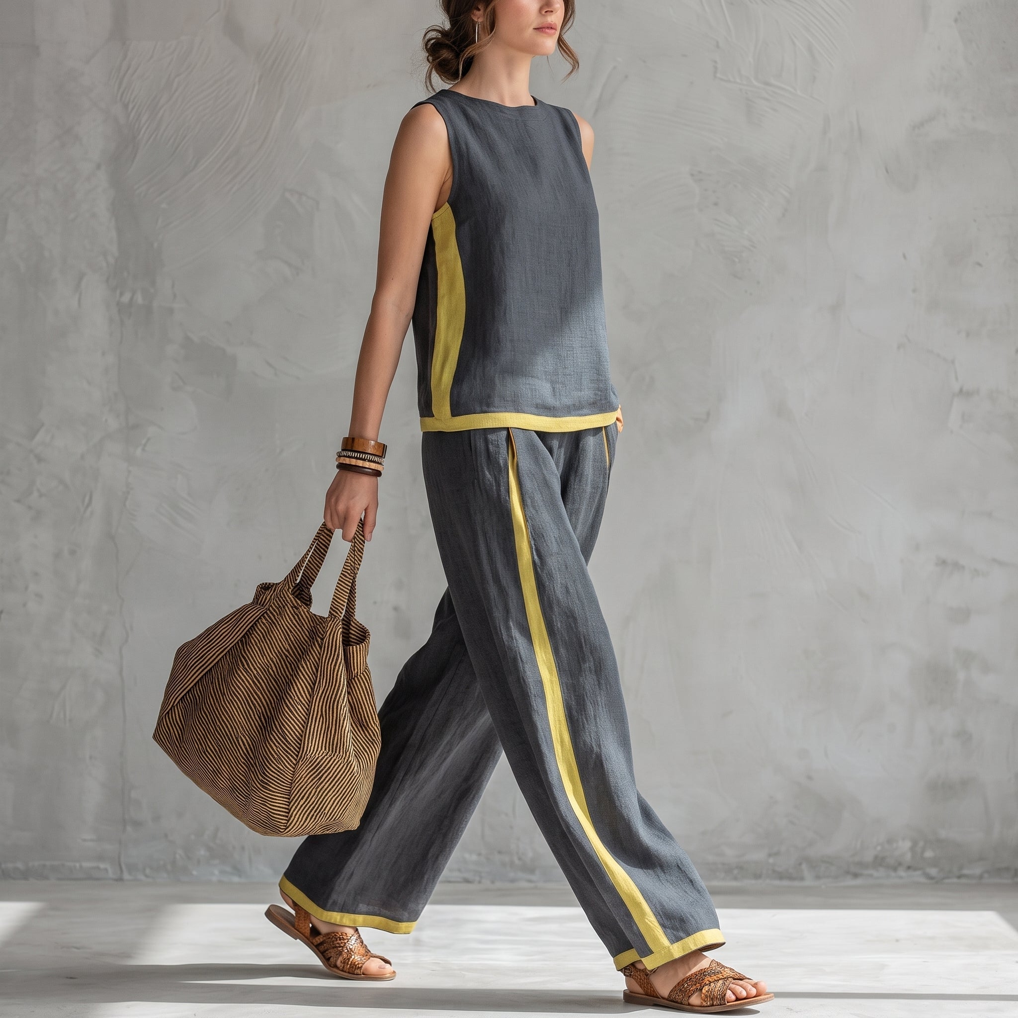 Phoebe - Women's Sleeveless Contrast Trim Wide-Leg Co-ord Set - 2 Piece Set - Grey - Davies & Cooper