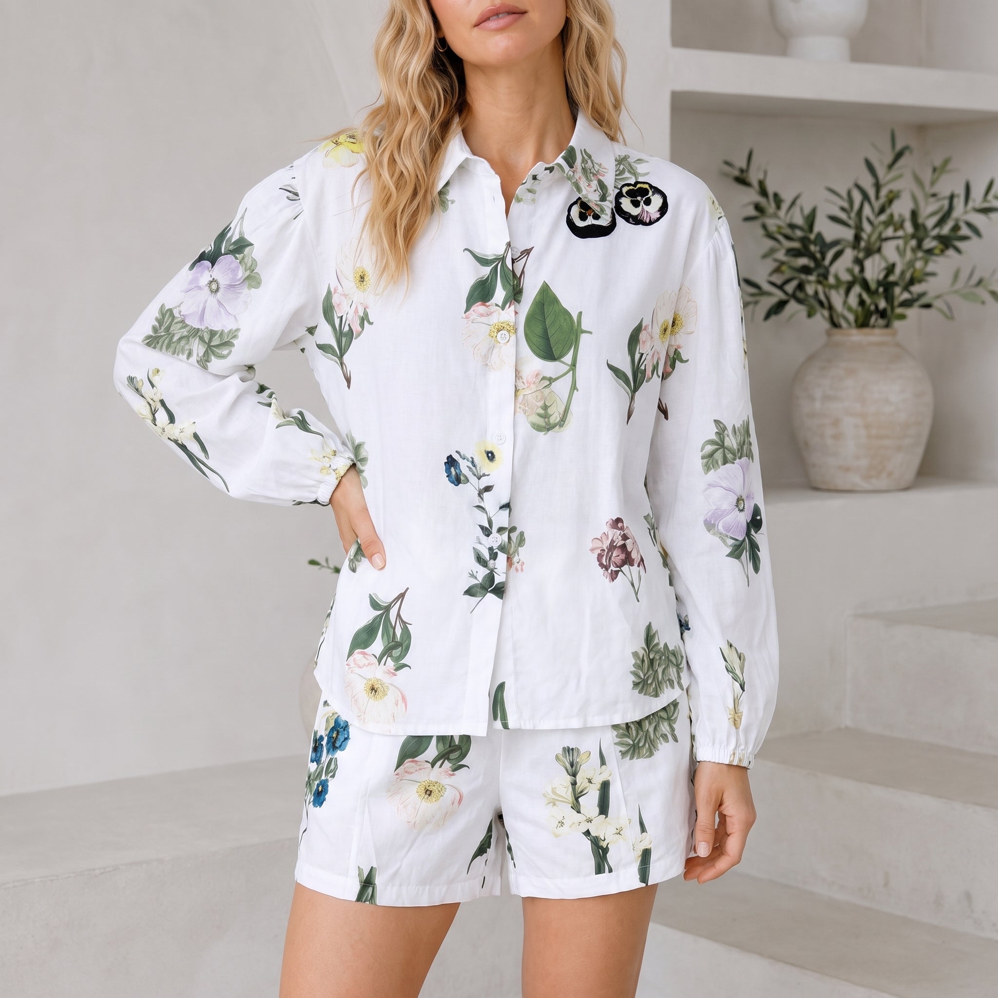Phoebe - Women's Summer Botanical Floral Print Co-ord Set - Outfit set - White - Davies & Cooper