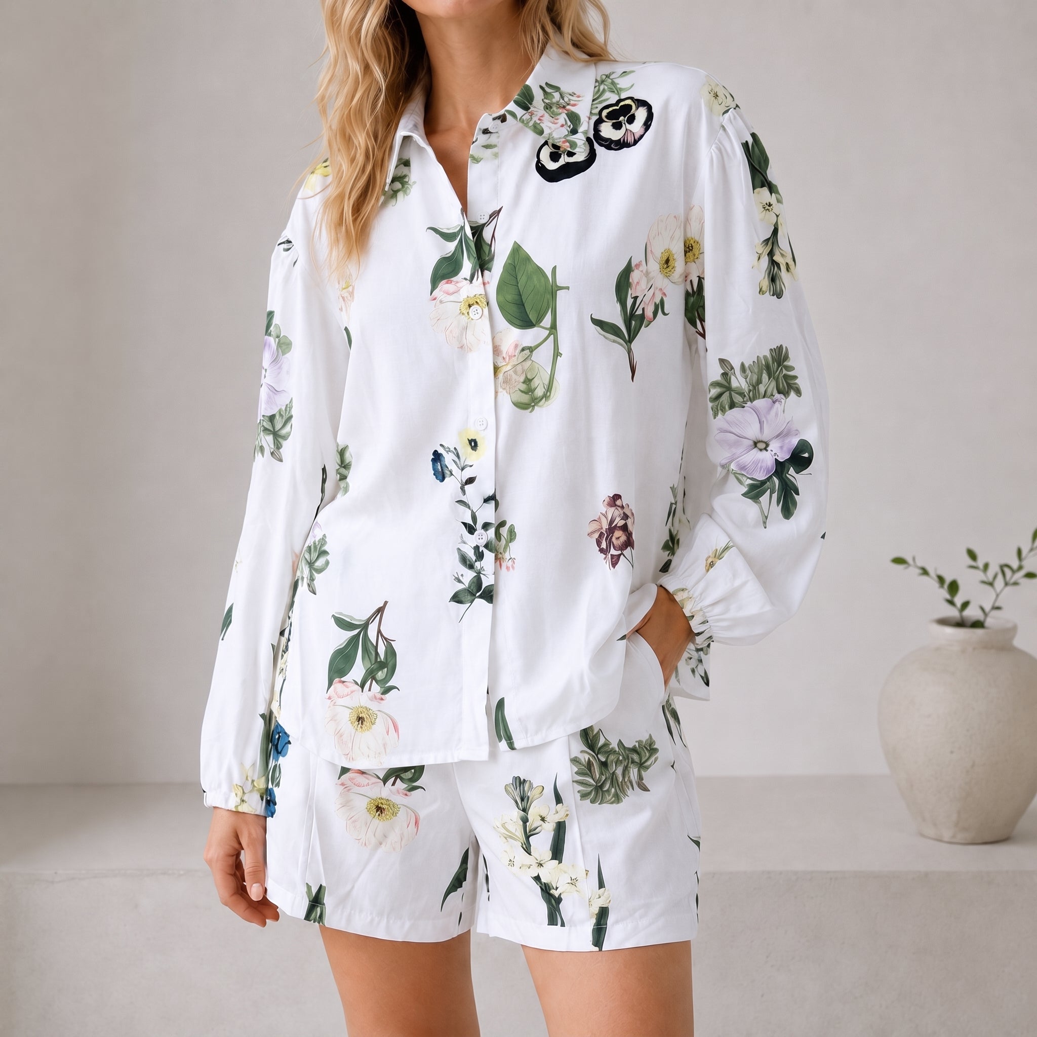 Phoebe - Women's Summer Botanical Floral Print Co-ord Set - Outfit set - White - Davies & Cooper
