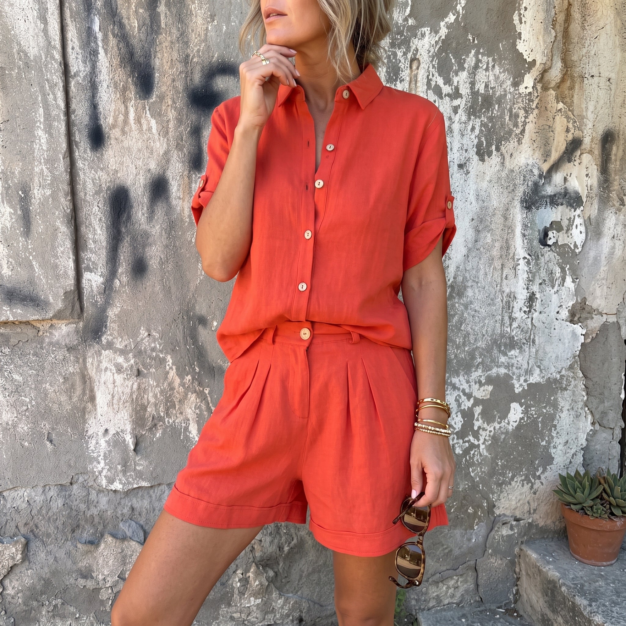 Phoebe - Women's Summer Button-Down Shirt Co-ord Set - Casual Set - Orange - Davies & Cooper