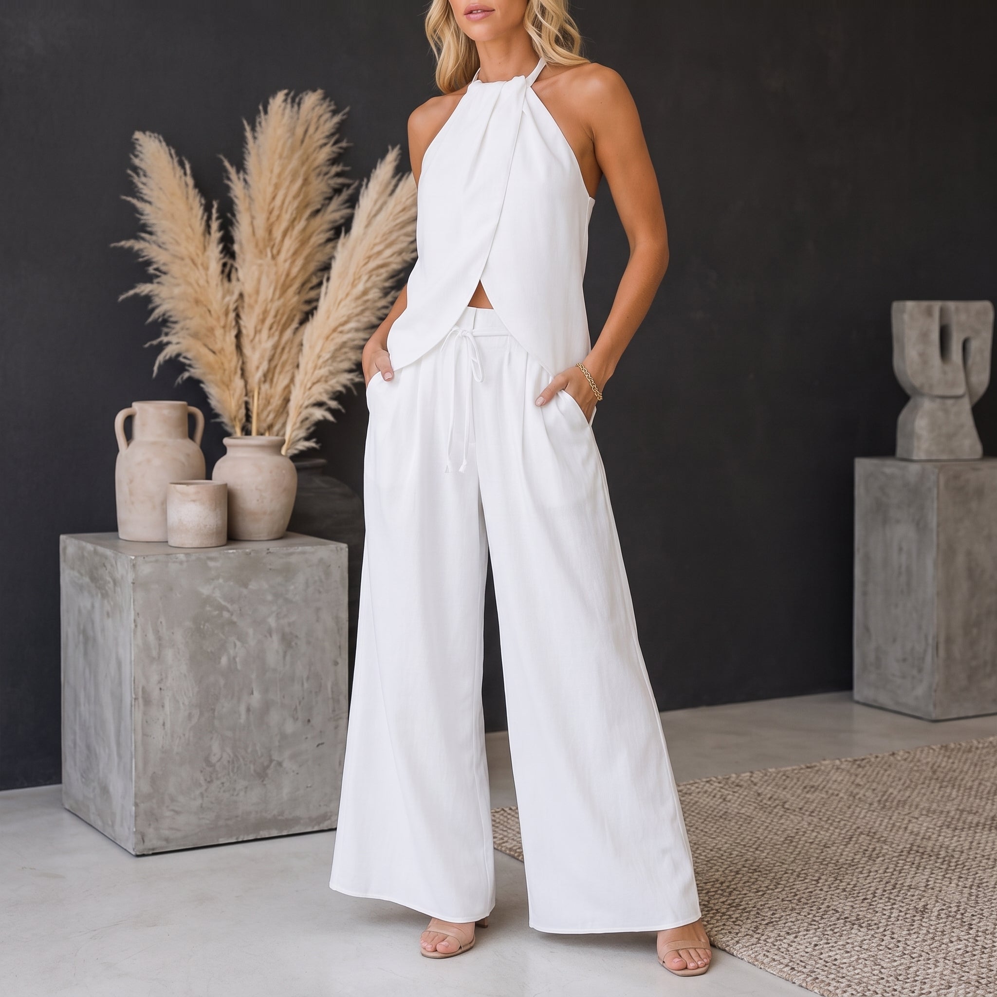 Phoebe - Women's Summer Halter Neck Draped Wrap Co-ord Set - Outfit Sets - White - Davies & Cooper