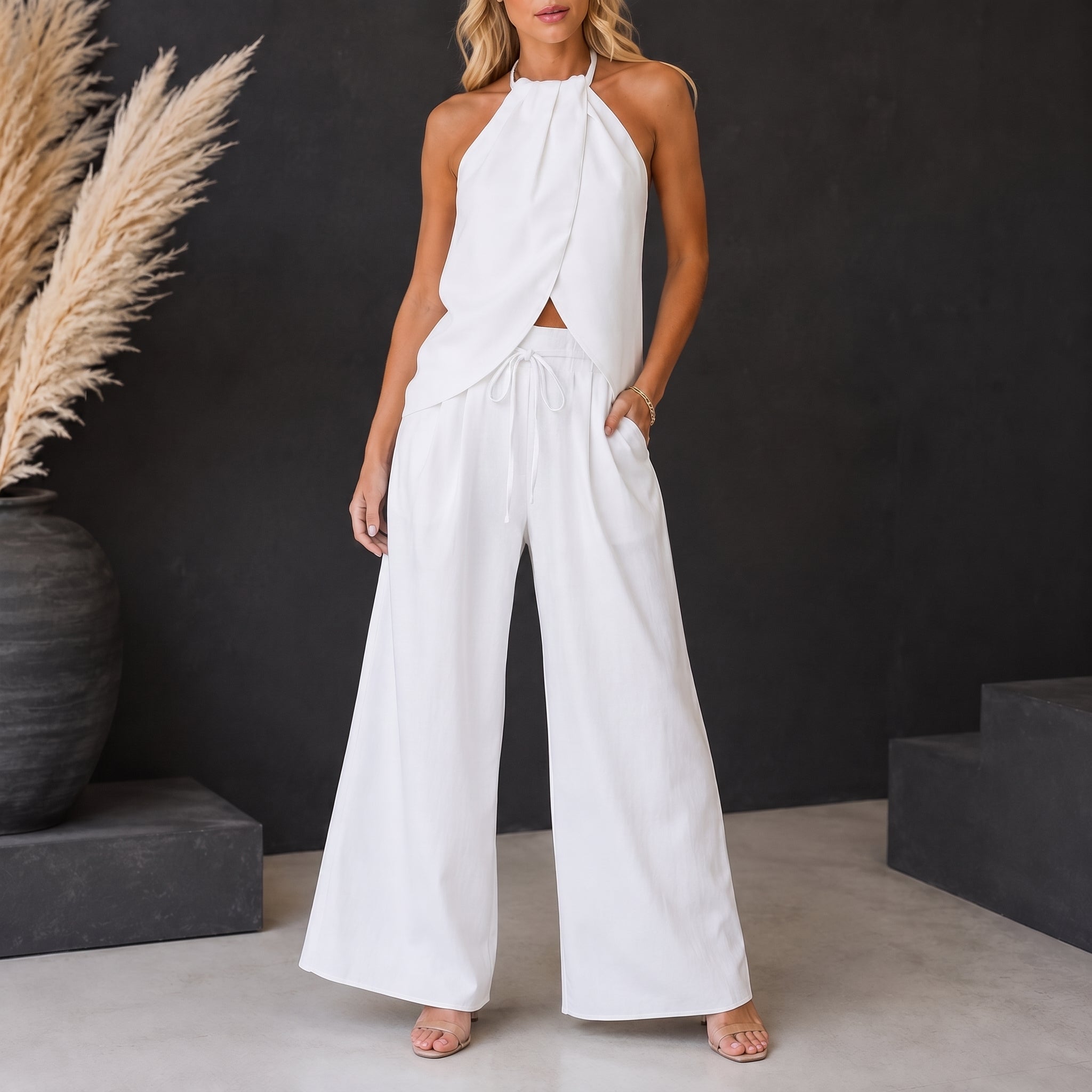 Phoebe - Women's Summer Halter Neck Draped Wrap Co-ord Set - Outfit Sets - White - Davies & Cooper