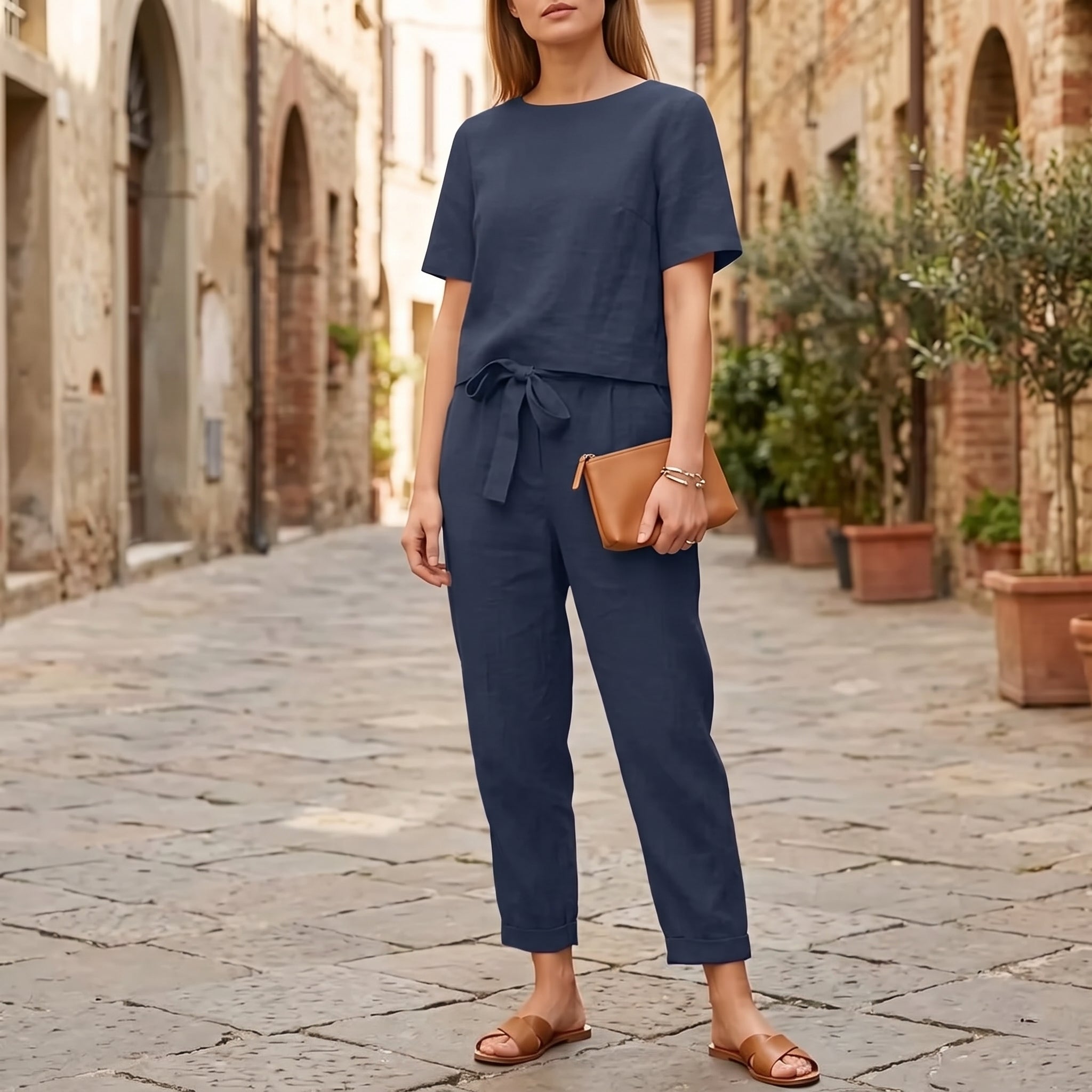 Phoebe - Women's Summer Short Sleeve Self-Tie Trouser Set - Outfit Sets - Blue - Davies & Cooper