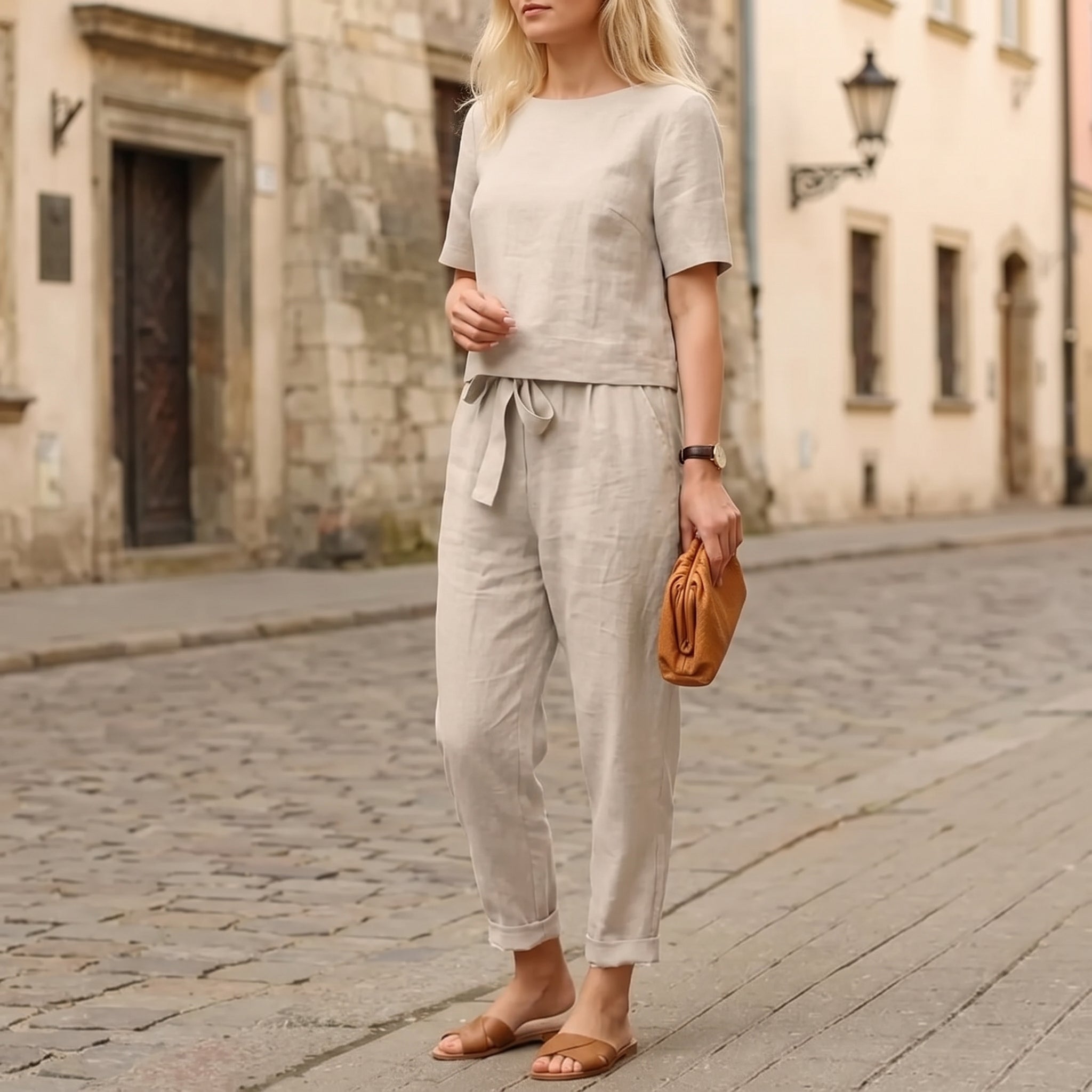 Phoebe - Women's Summer Short Sleeve Self-Tie Trouser Set - Outfit Sets - Khaki - Davies & Cooper