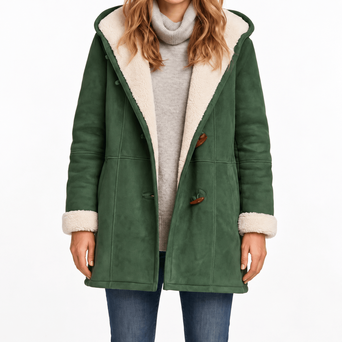Poppy - Women's Hooded Duffle Coat with Toggle Buttons and Faux Shearling Trim - Coats & Jackets - Green - Davies & Cooper