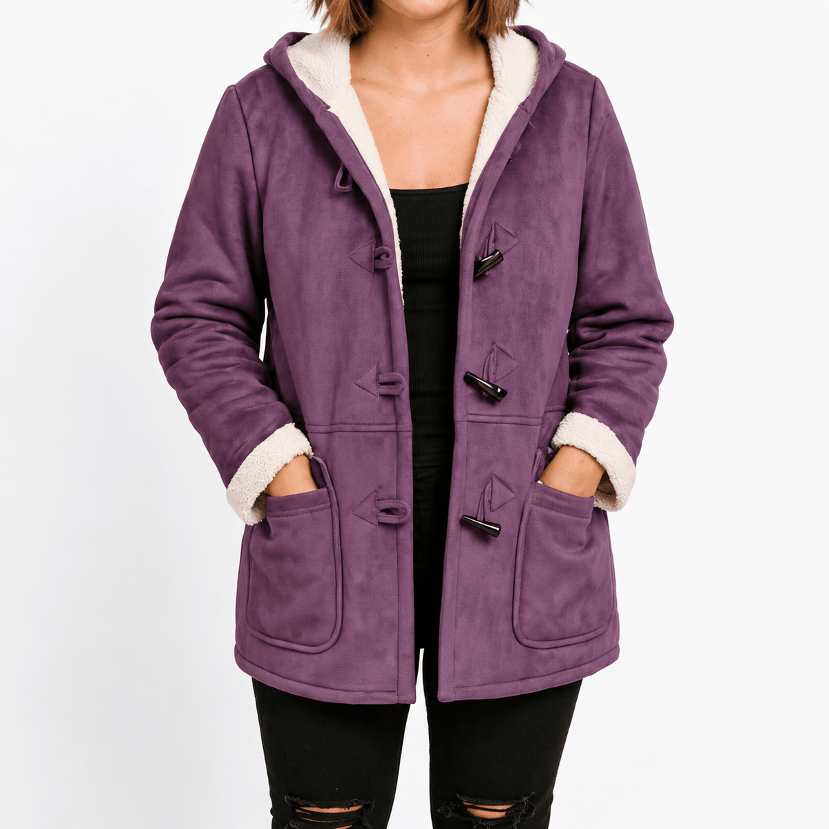 Poppy - Women's Hooded Duffle Coat with Toggle Buttons and Faux Shearling Trim - Coats & Jackets - Purple - Davies & Cooper