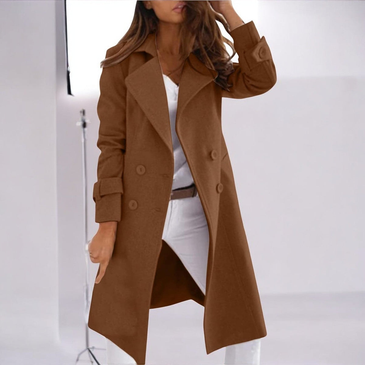 Priya – Women's Coat in Mid-Length with Notched Collar - Coats - Brown - Davies & Cooper