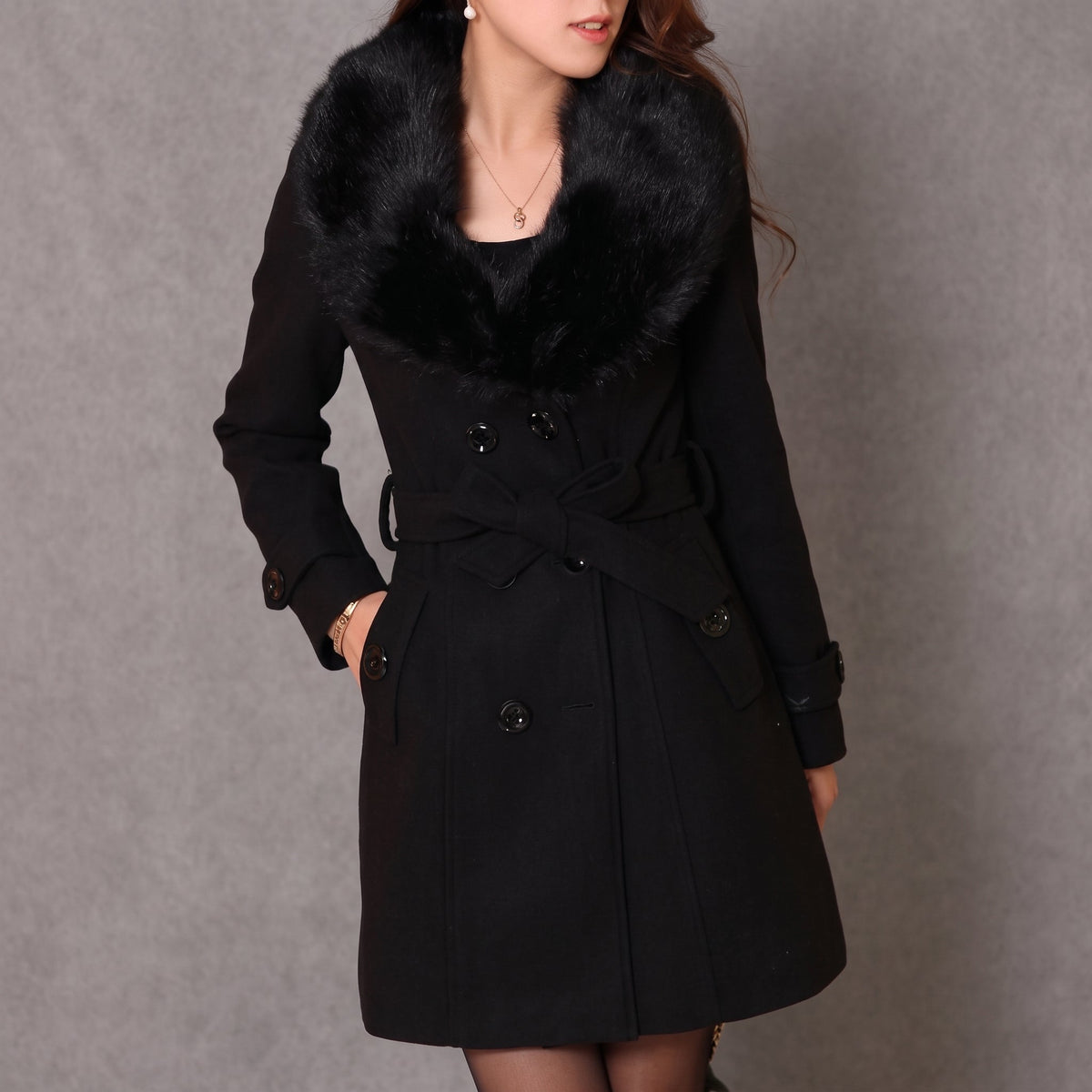 Rachel - Women's Double-Breasted Overcoat with Faux Fur Collar - Overcoats - Black - Davies & Cooper