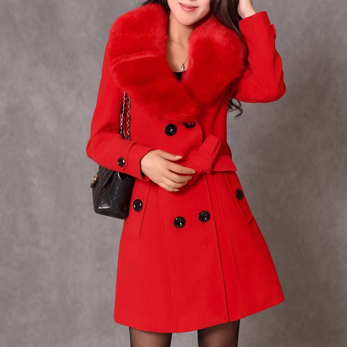 Rachel - Women's Double-Breasted Overcoat with Faux Fur Collar - Overcoats - Red - Davies & Cooper