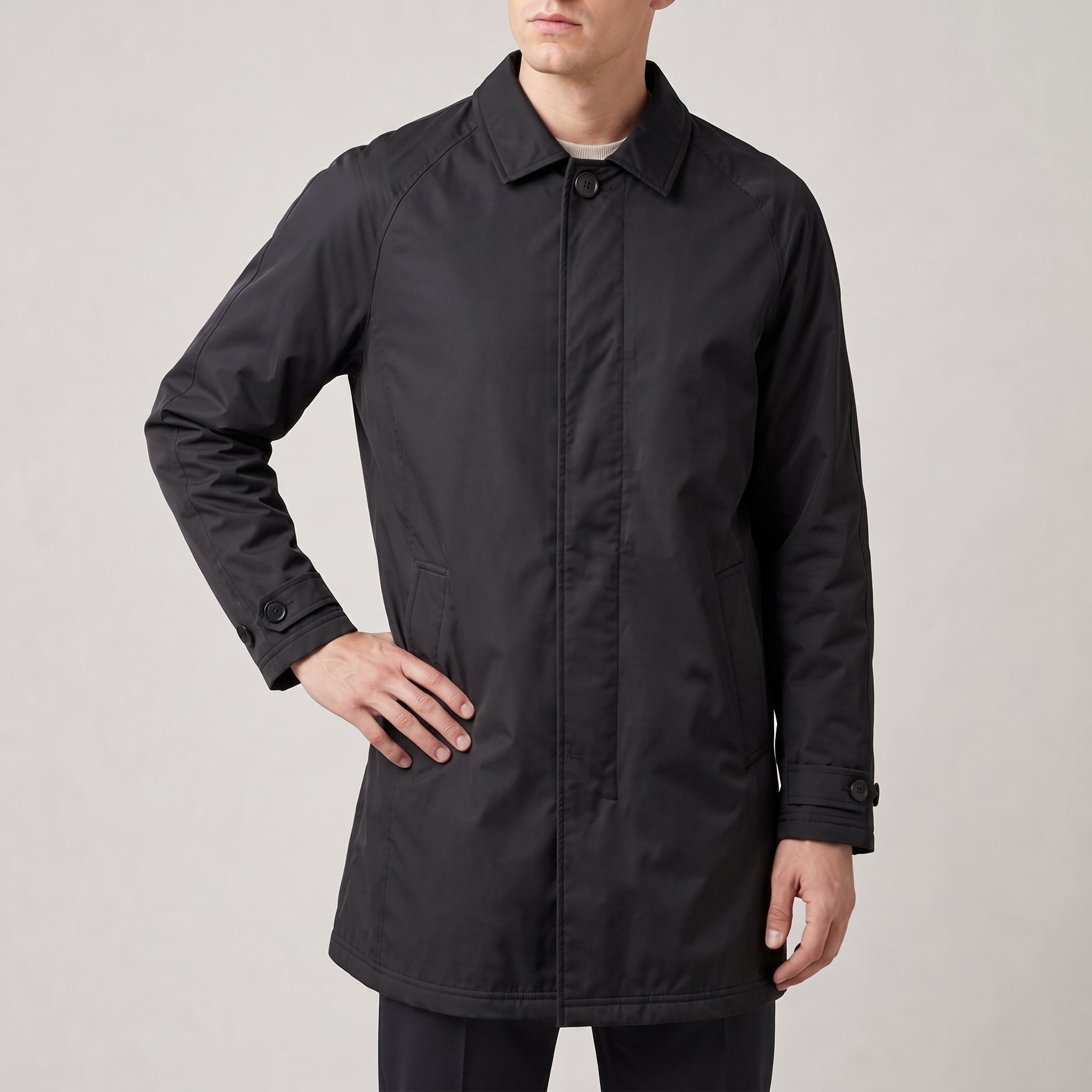 Rafael - Men's Mid-Length Mac Coat with Concealed Placket - Trench Coats - Black - Davies & Cooper