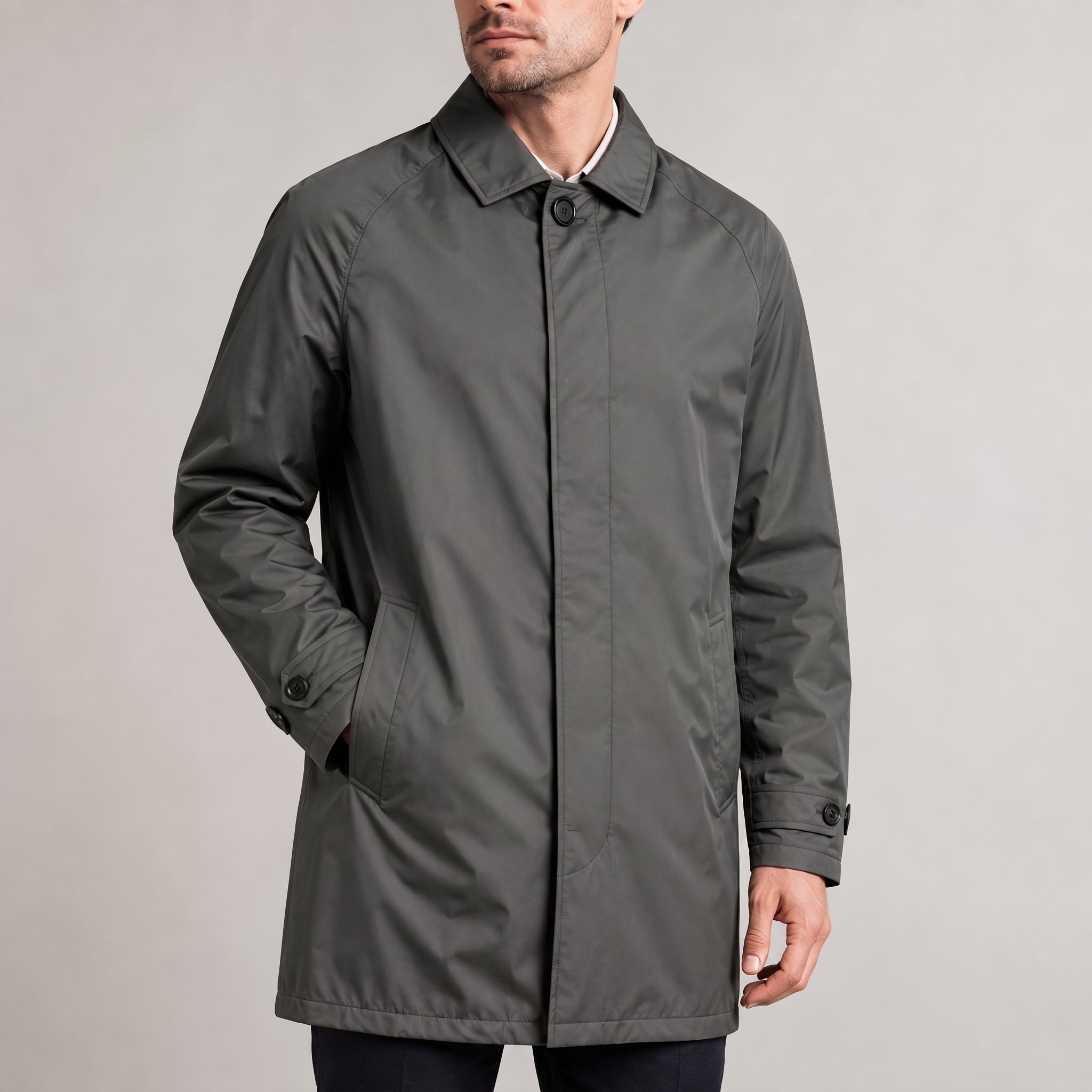 Rafael - Men's Mid-Length Mac Coat with Concealed Placket - Trench Coats - Grey - Davies & Cooper