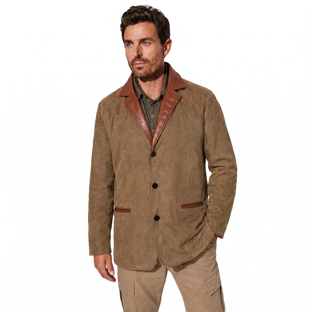 Ralph - Men's Field Jacket with Contrast Collar and Button Front - Coats & Jackets - Brown - Davies & Cooper