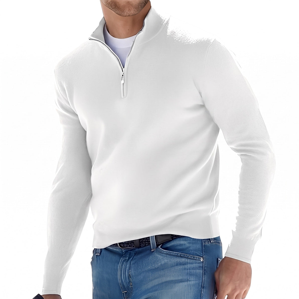 Ralph - Men's Quarter-Zip Knit Jumper with Stand Collar - Sweaters - White - Davies & Cooper