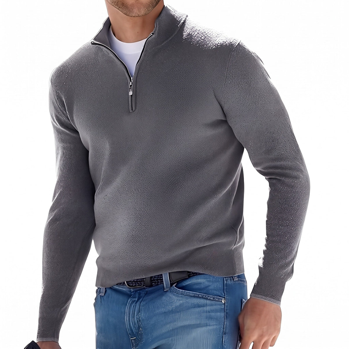 Ralph - Men's Quarter-Zip Knit Jumper with Stand Collar - Sweaters - Gray - Davies & Cooper