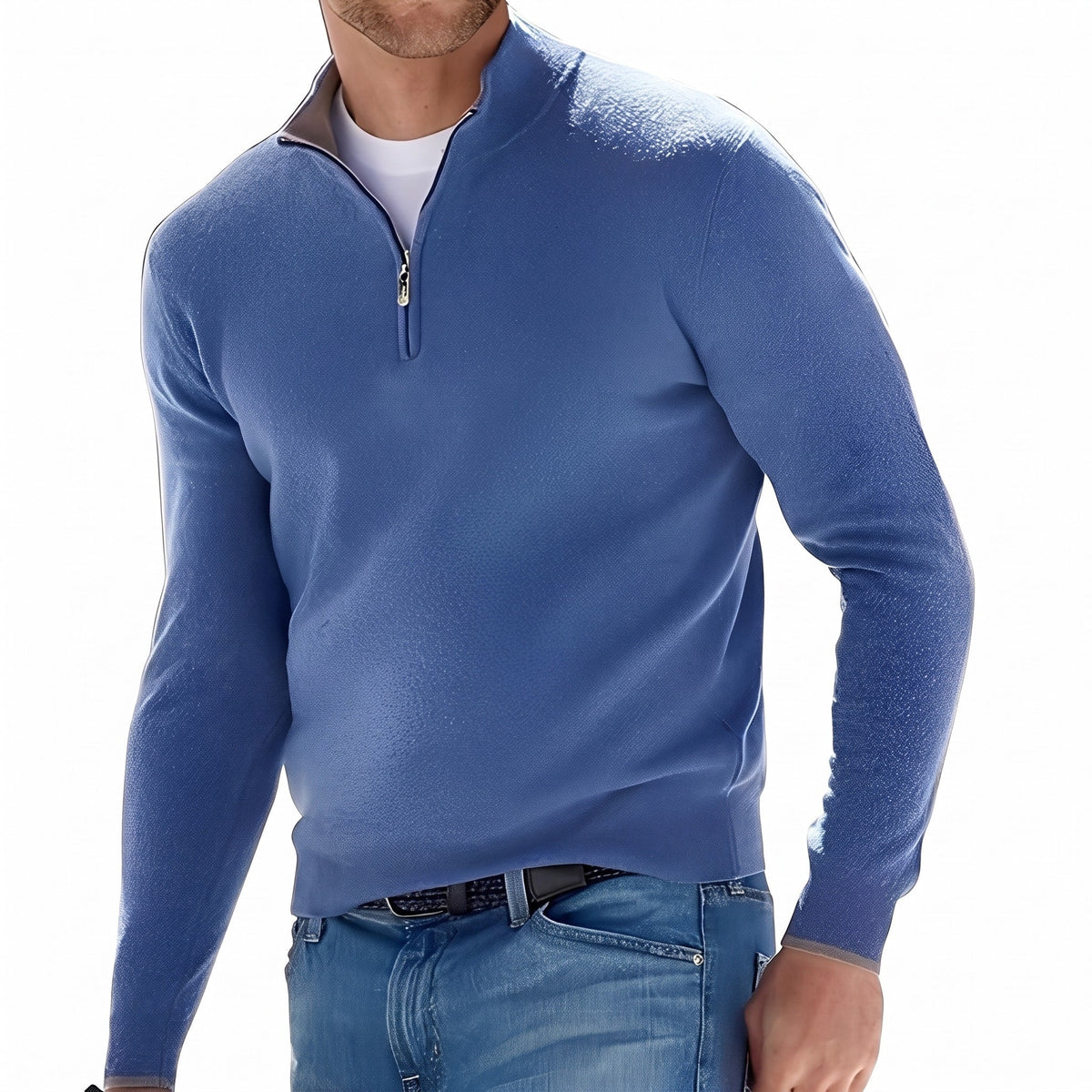 Ralph - Men's Quarter-Zip Knit Jumper with Stand Collar - Sweaters - Blue - Davies & Cooper