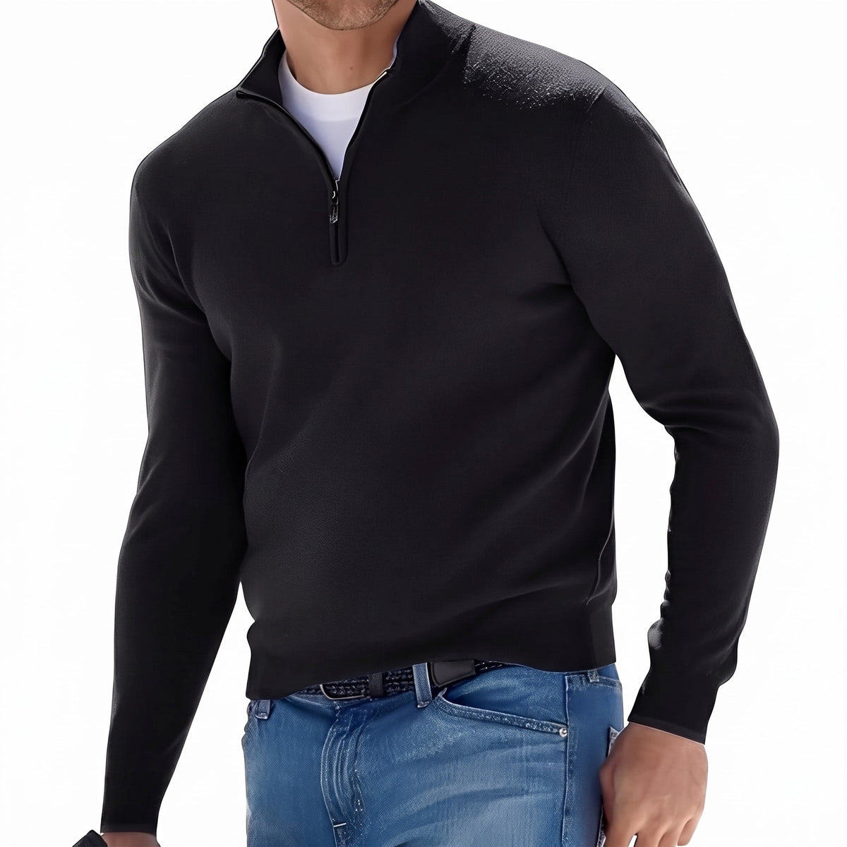 Ralph - Men's Quarter-Zip Knit Jumper with Stand Collar - Sweaters - Black - Davies & Cooper