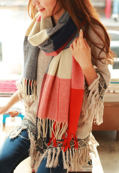 Coleen - Women's Fringed Tartan Wrap Scarf with Tassel Trim