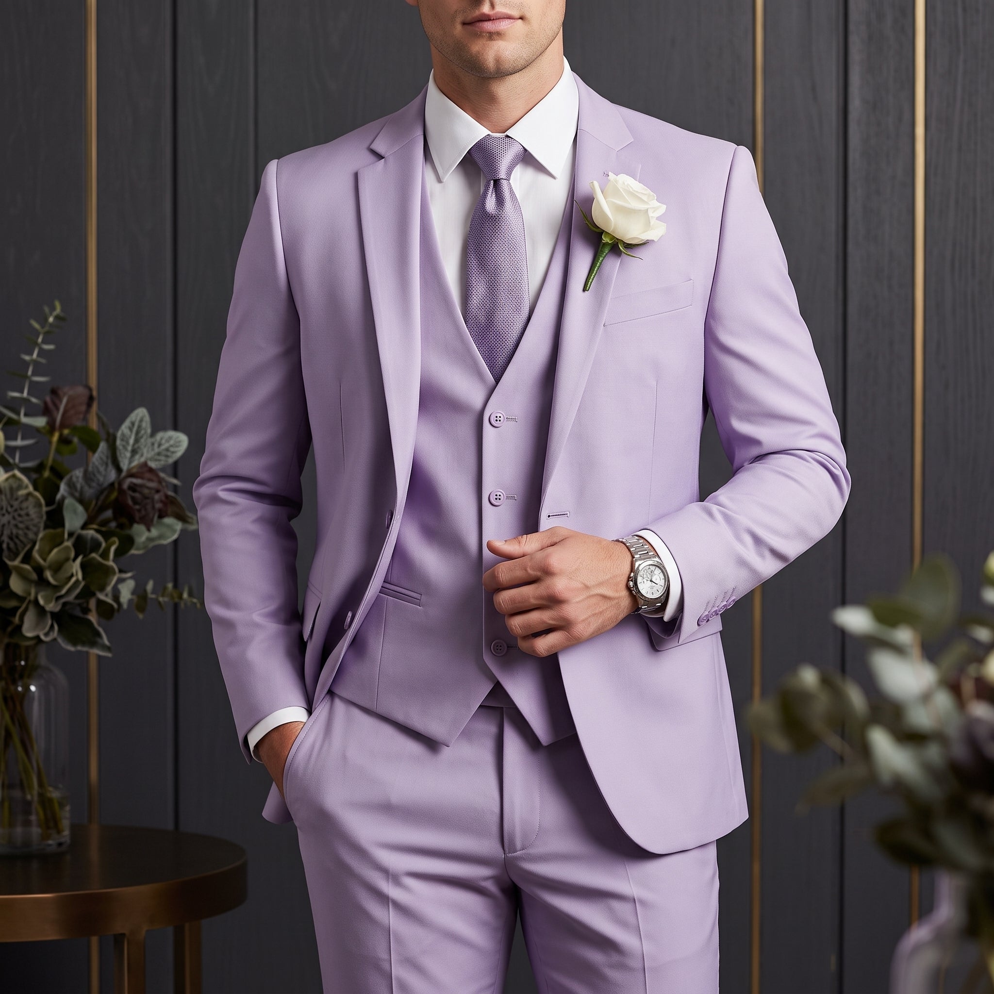 Reinhard – Men's Relax Fit Notch Lapel Wedding Suit with Waistcoat - Suits - Purple - Davies & Cooper