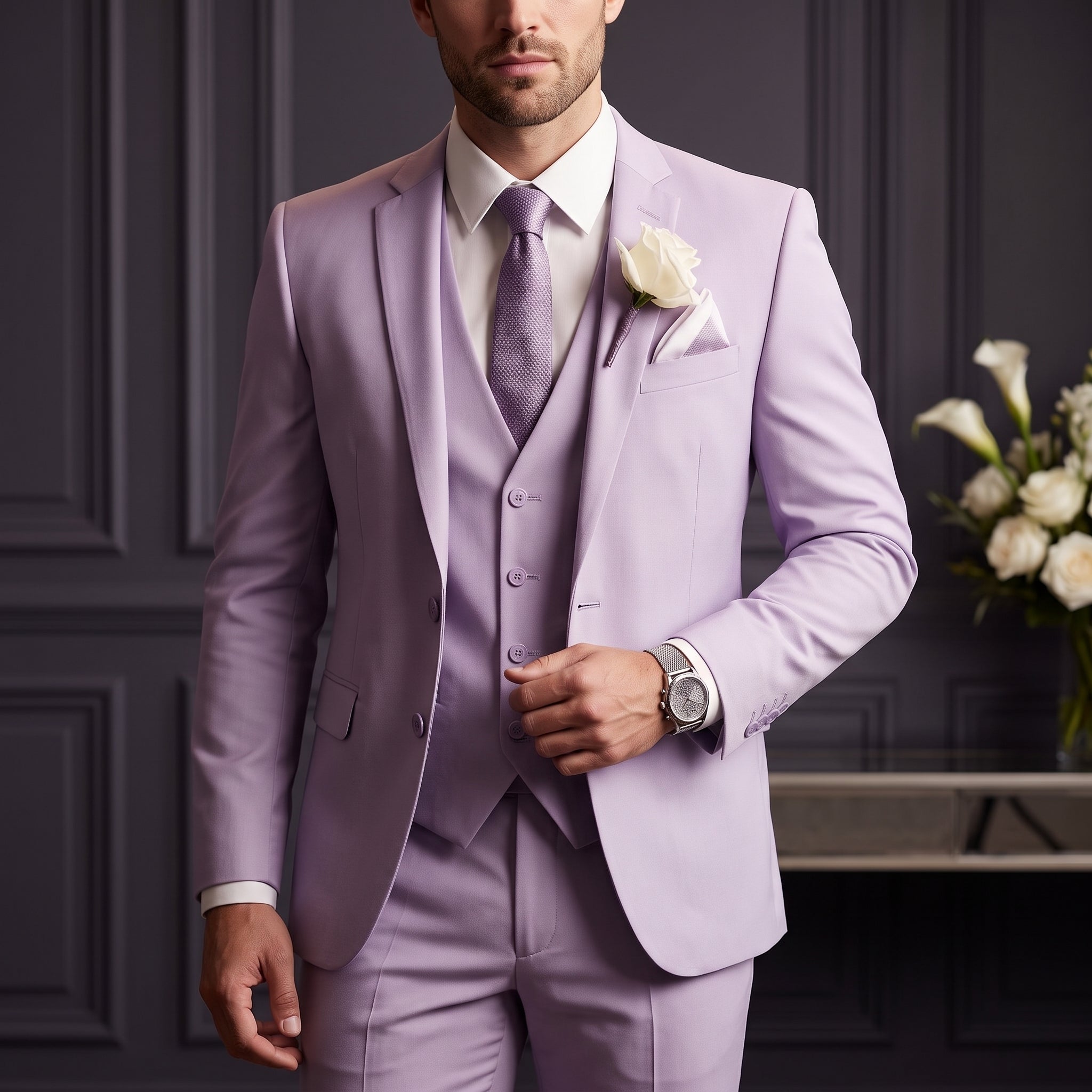 Reinhard – Men's Relax Fit Notch Lapel Wedding Suit with Waistcoat - Suits - Purple - Davies & Cooper