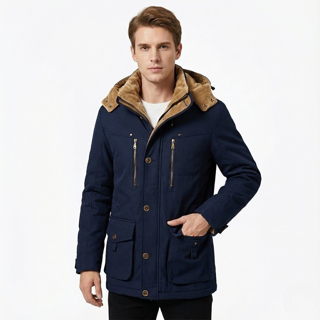 Reinhold - Classic Winter Coat with Stand-up Collar - Parka Jacket - Navy - Davies & Cooper