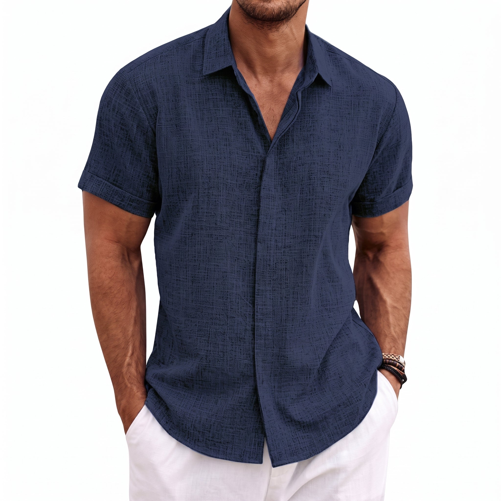 Robert - Men's Summer Camp Collar Concealed Placket Shirt - Shirts - Navy Blue - Davies & Cooper