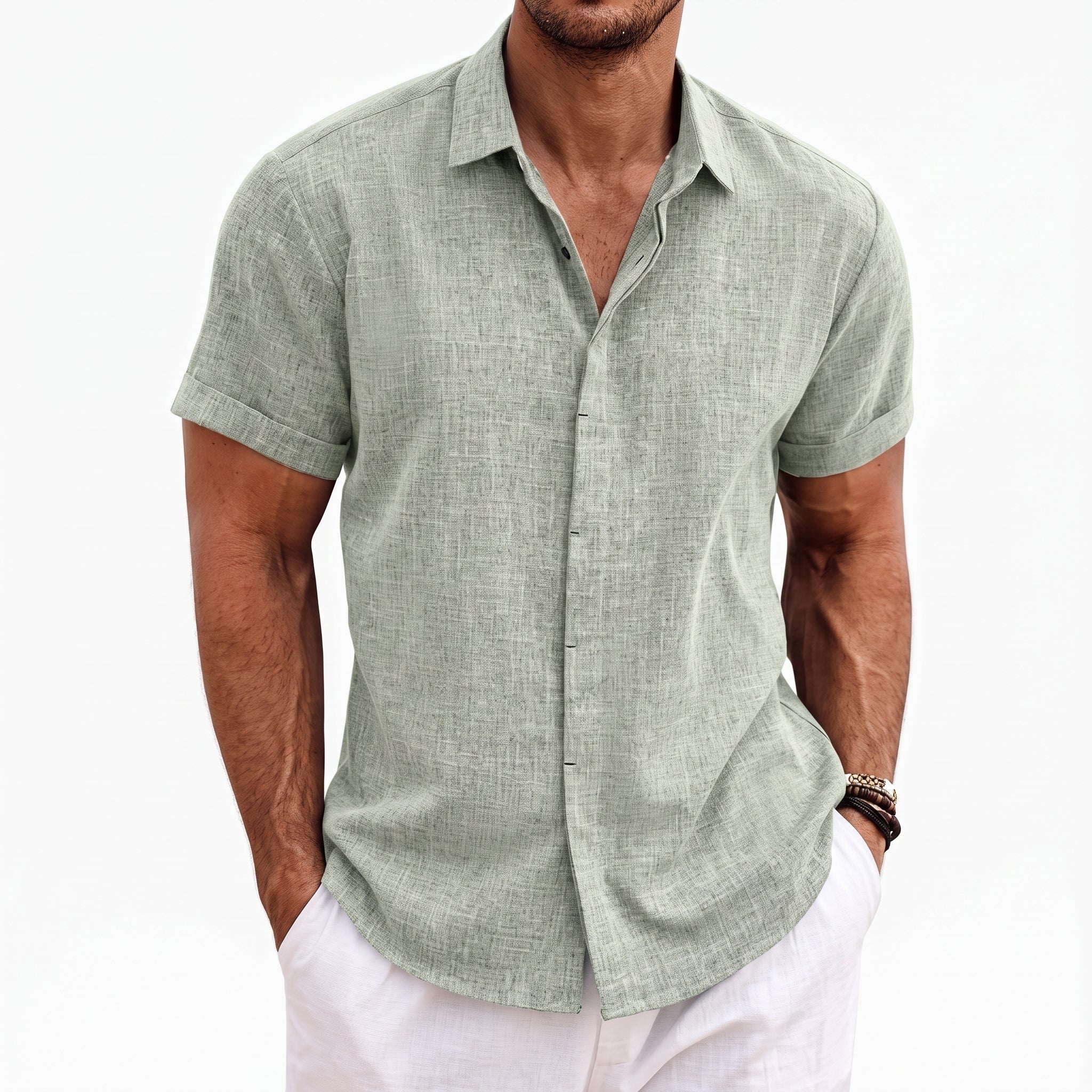 Robert - Men's Summer Camp Collar Concealed Placket Shirt - Shirts - Green - Davies & Cooper