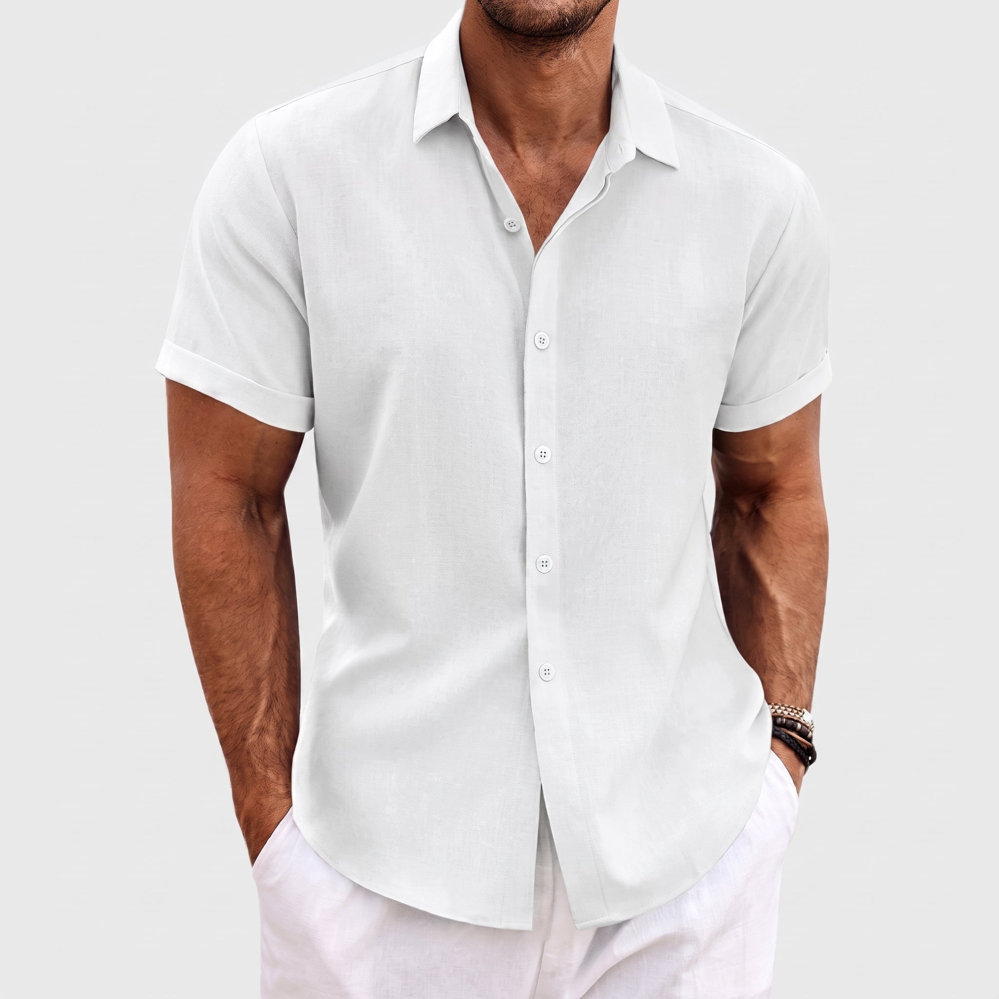 Robert - Men's Summer Short Sleeve Concealed Placket Shirt - Shirts - White - Davies & Cooper