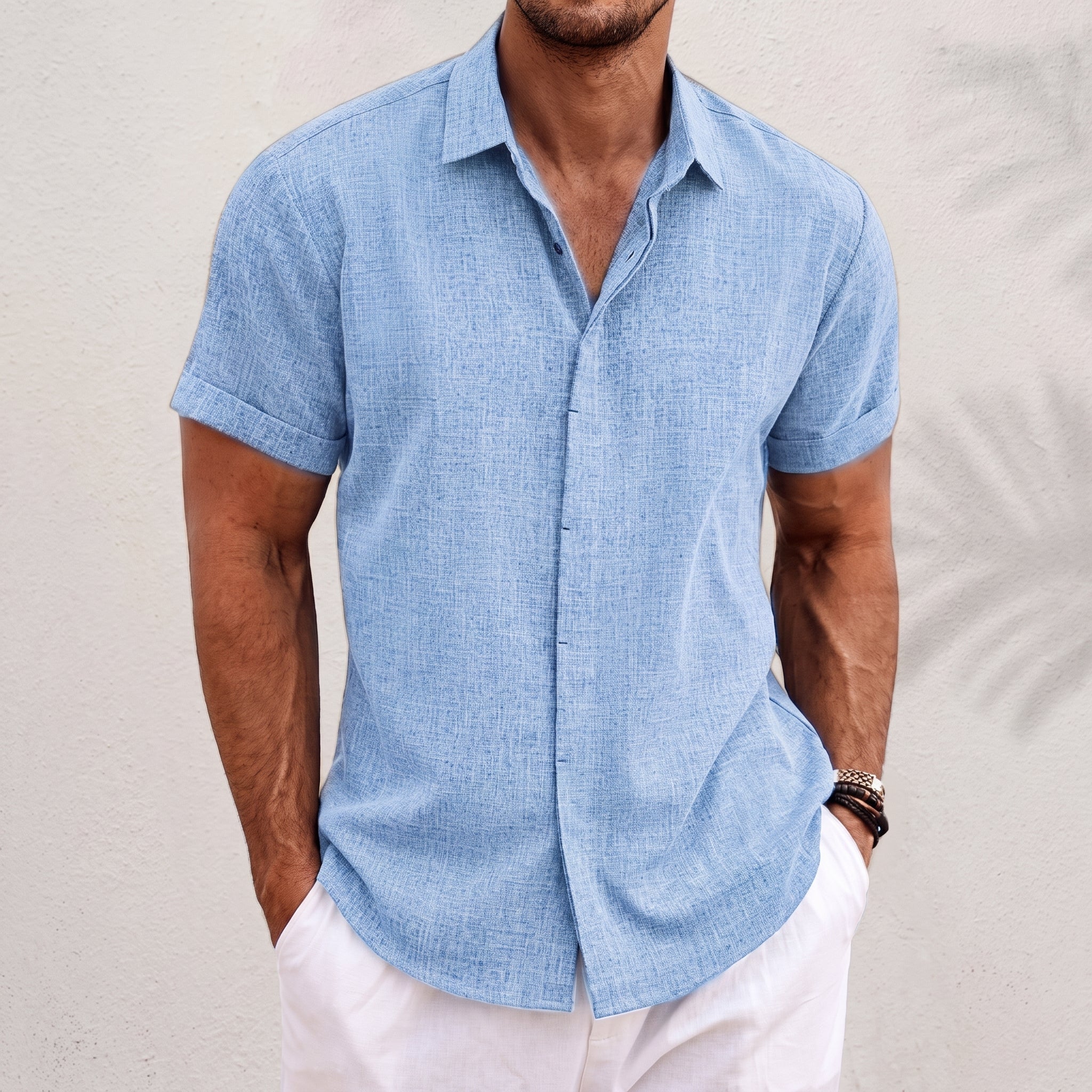 Robert - Men's Summer Short Sleeve Concealed Placket Shirt - Shirts - Light Blue - Davies & Cooper
