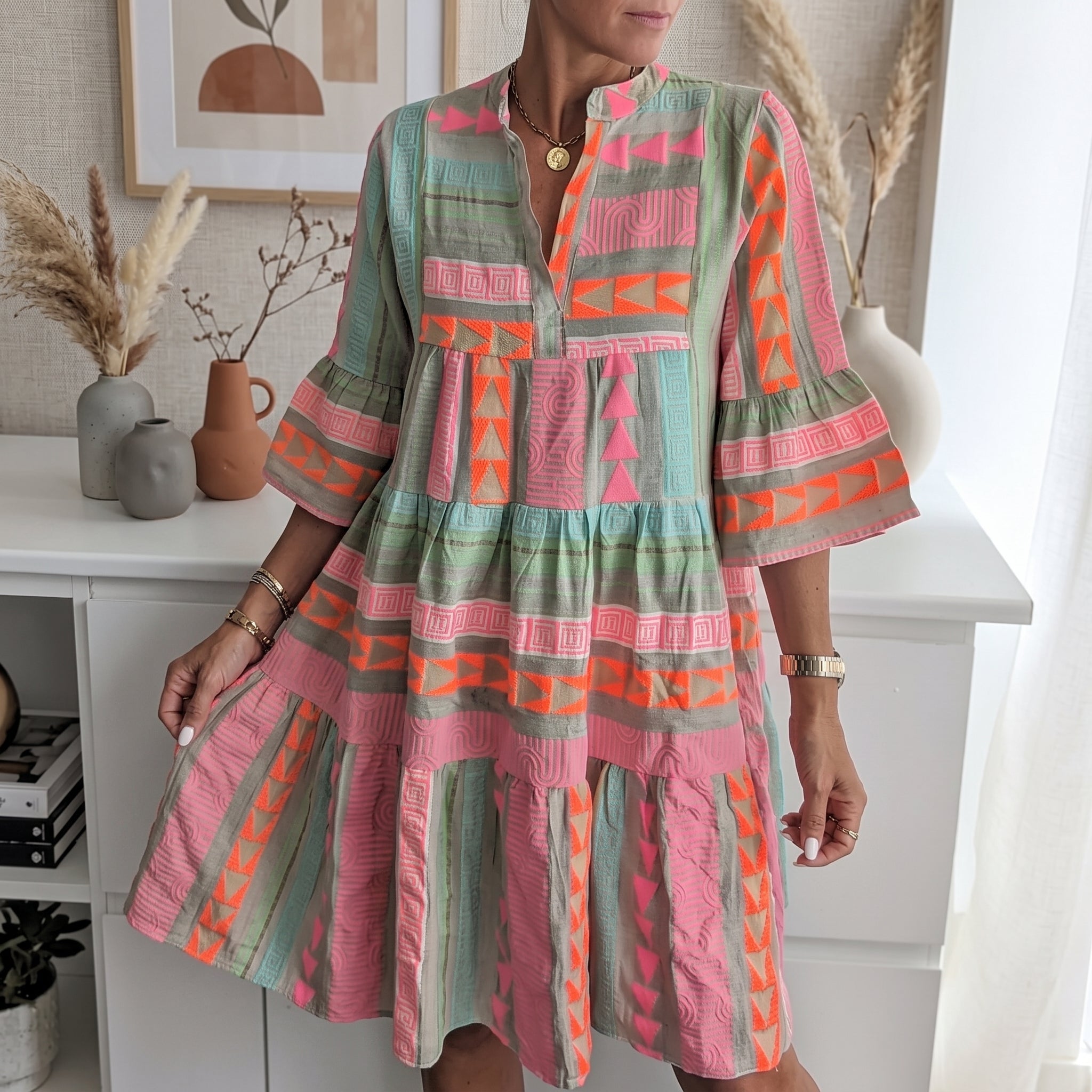 Rosa - Women's Summer Boho Tiered Bell Sleeve Mini Dress - Midi Dress - Pink - Davies & Cooper
