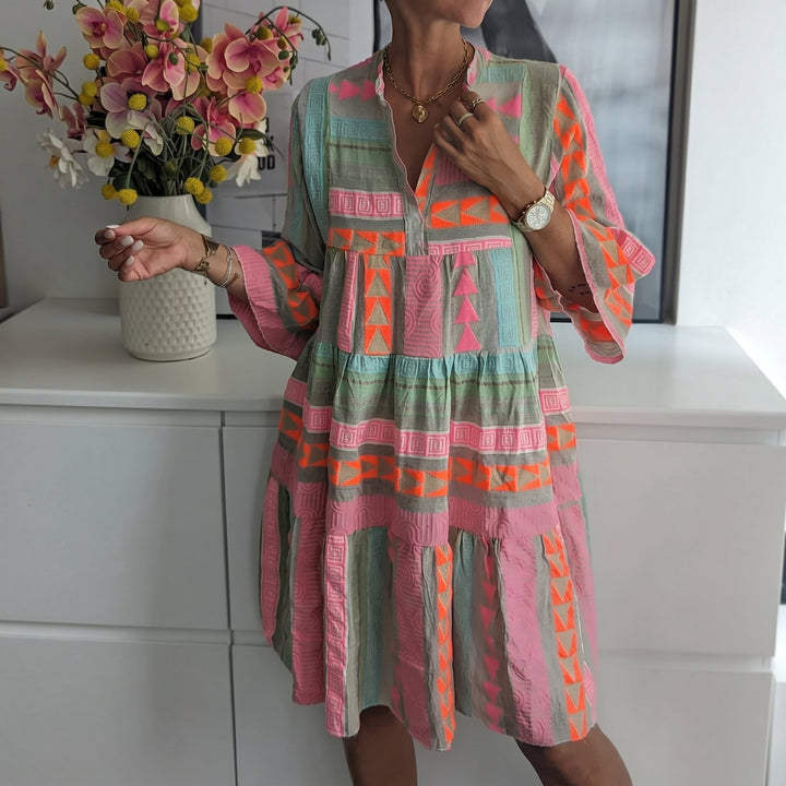 Rosa - Women's Summer Boho Tiered Bell Sleeve Mini Dress - Midi Dress - Pink - Davies & Cooper