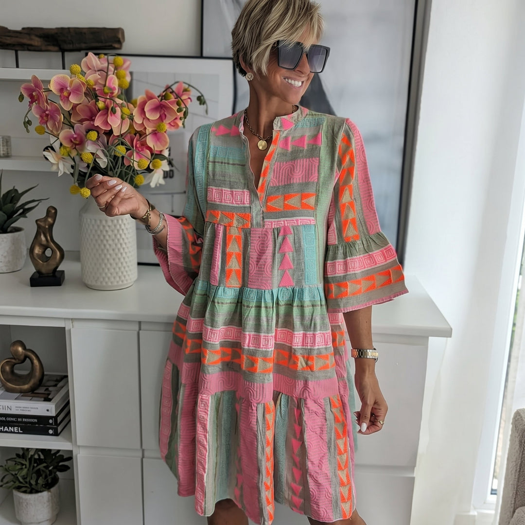 Rosa - Women's Summer Boho Tiered Bell Sleeve Mini Dress - Midi Dress - Pink - Davies & Cooper