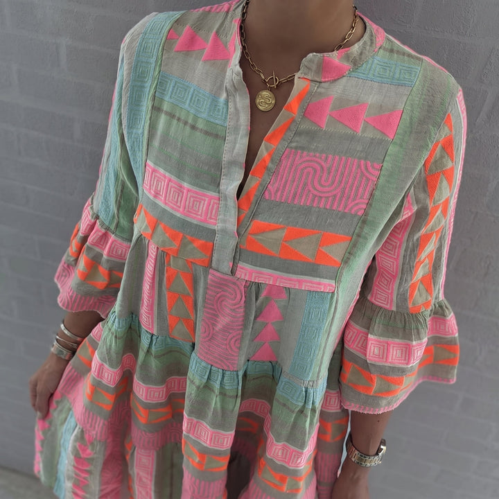 Rosa - Women's Summer Boho Tiered Bell Sleeve Mini Dress - Midi Dress - Pink - Davies & Cooper